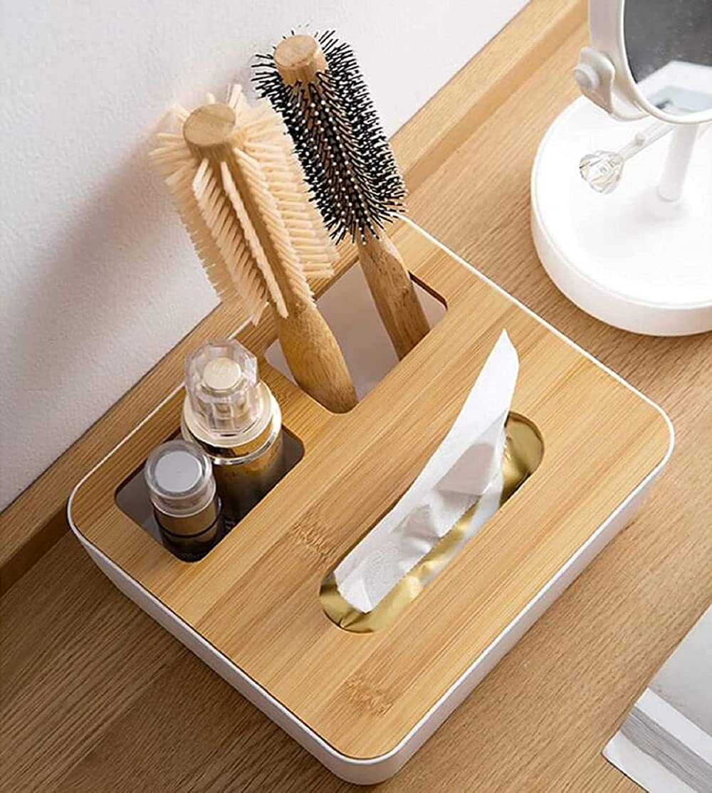 Wooden Tissue Box with Lid - 3 Compartment Organizer for Office & Home | Toilet Paper Storage, Pen Holder & Makeup Brush Organizer | Perfect for Living Room, Bathroom & Office Desk Organization