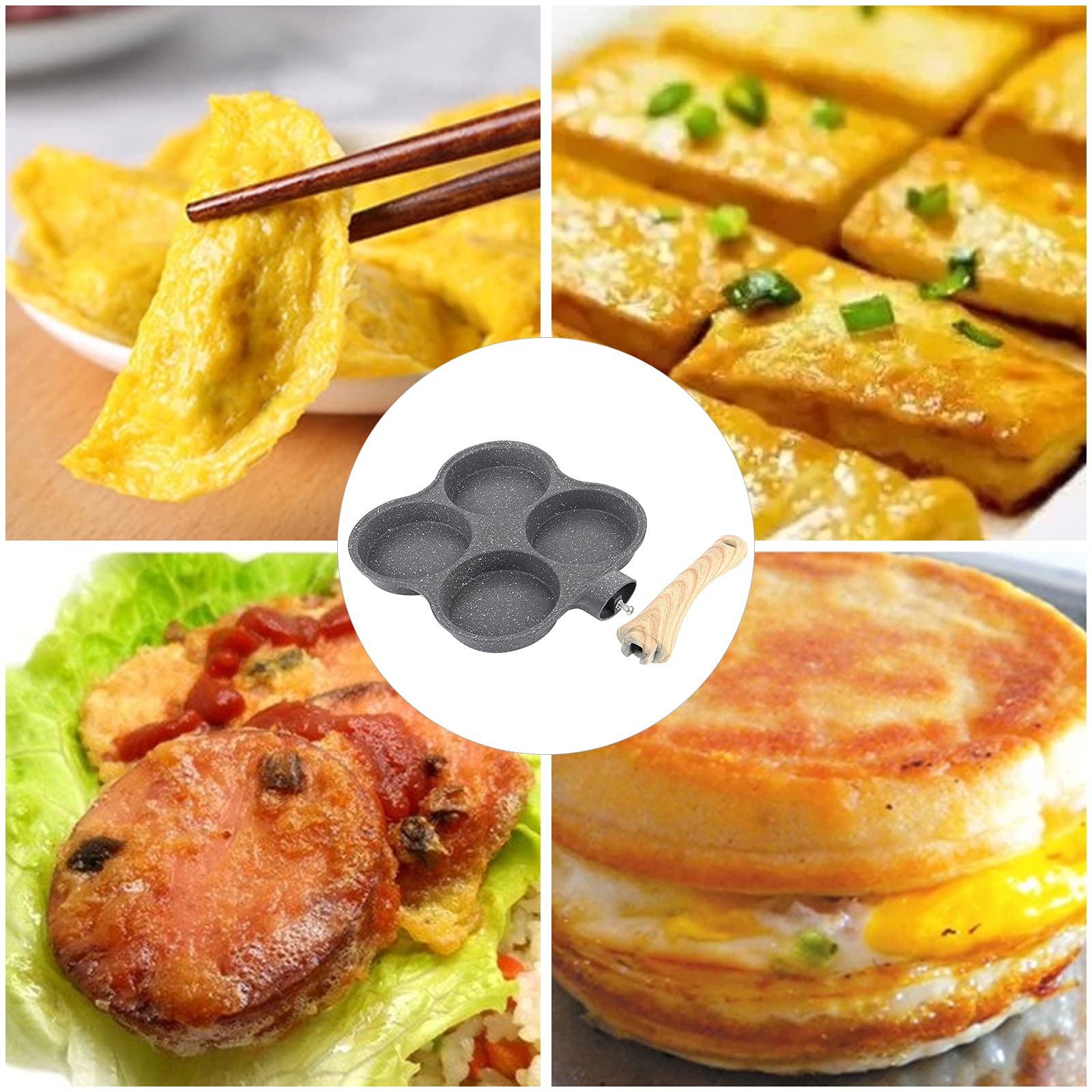 Nonstick 4-Hole Egg Frying Pan with Wooden Handle - Aluminum Omelette & Pancake Cooker for Perfect Poached Eggs, Burgers & Steaks - Ideal for Breakfast, Brunch & Quick Meals