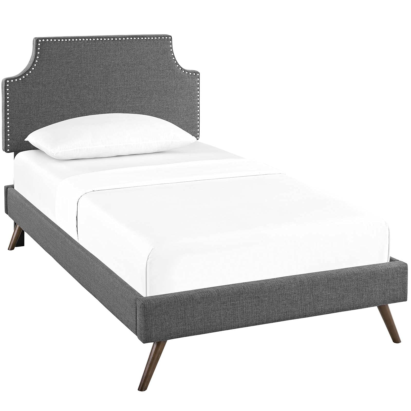 Modway Corene Gray Fabric Upholstered Twin Size Platform Bed Frame with Round Splayed Legs - Modern Minimalist Bedroom Furniture for Small Spaces & Guest Rooms