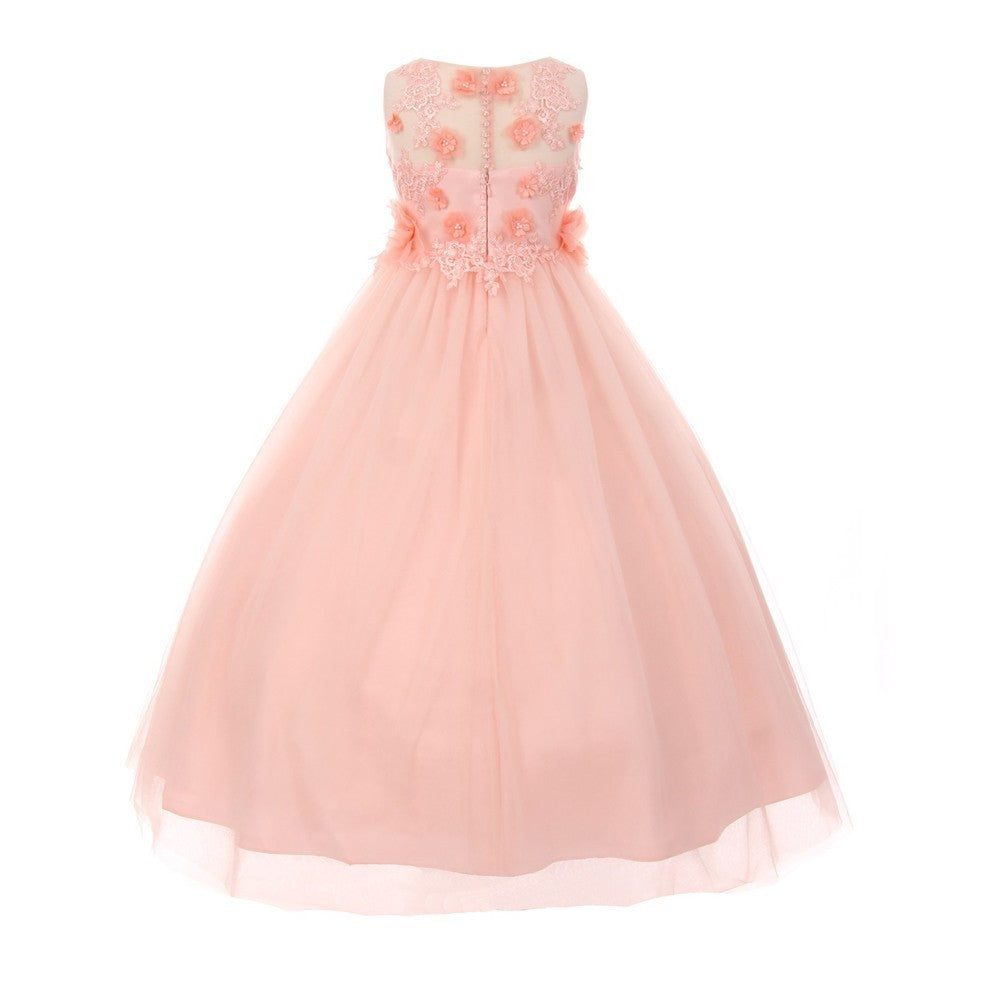3D Flower Adorned Tulle Illusion Junior Bridesmaid Dress for Big Girls - Sizes 8-16 | Perfect for Weddings, Prom, and Special Occasions