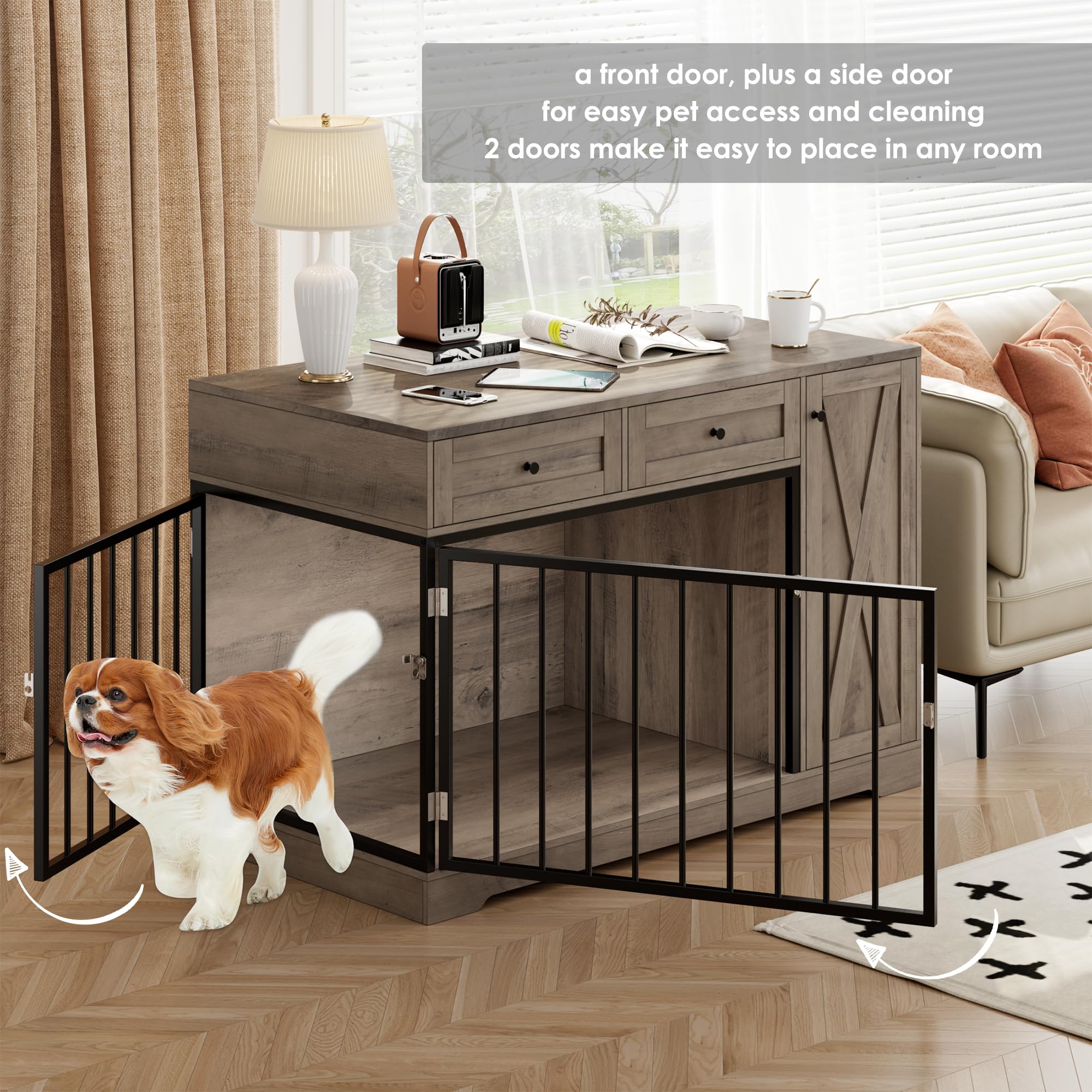Wooden Dog Crate Furniture with Storage - Modern Pet House for Small Medium Dogs, Indoor Kennel & Side Table for Living Room