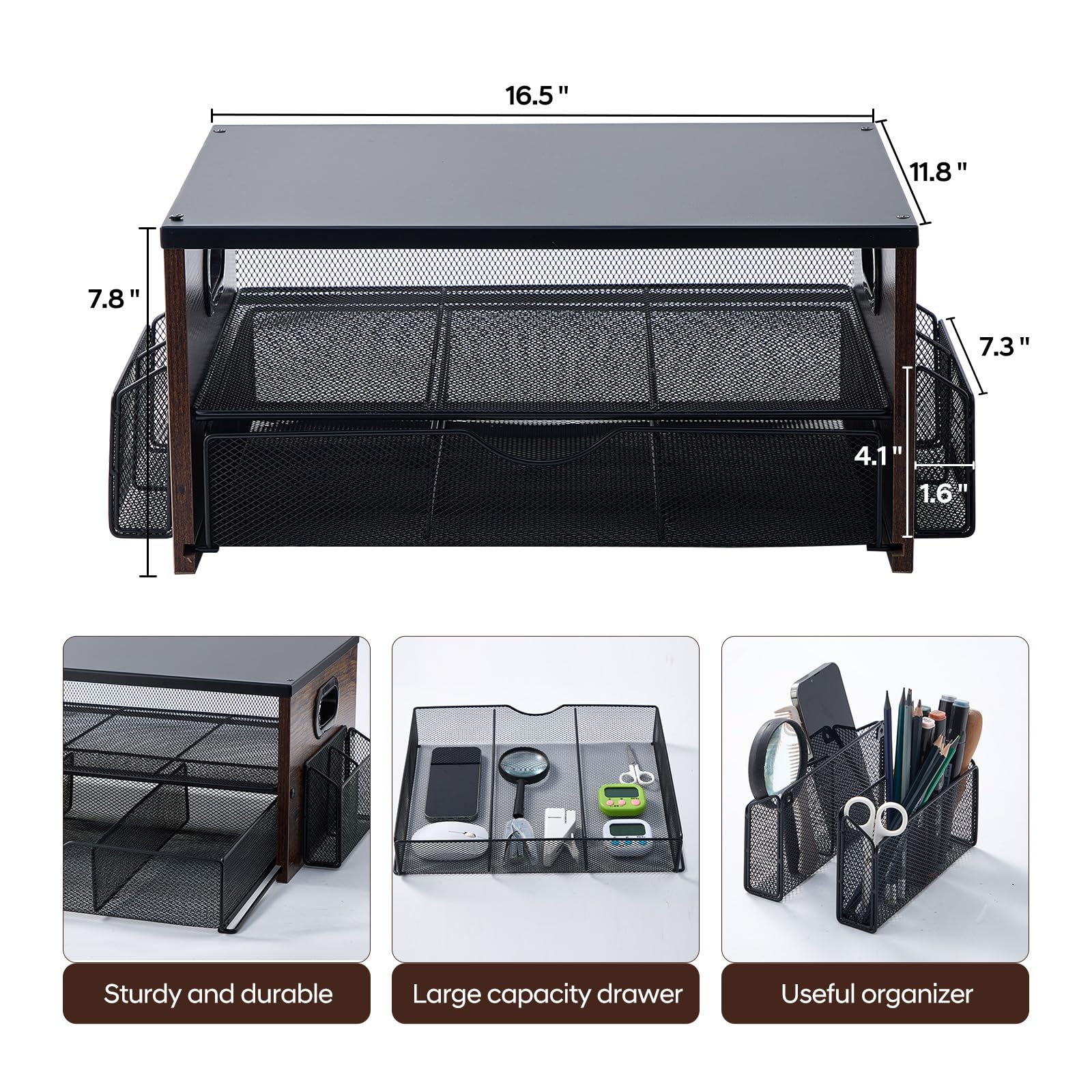 2-Tier Printer Stand with Drawer & Pen Holders - Home Office Desk Organizer for Fax Machine, Scanner & Files - Compact Workspace Storage Solution for Small Spaces