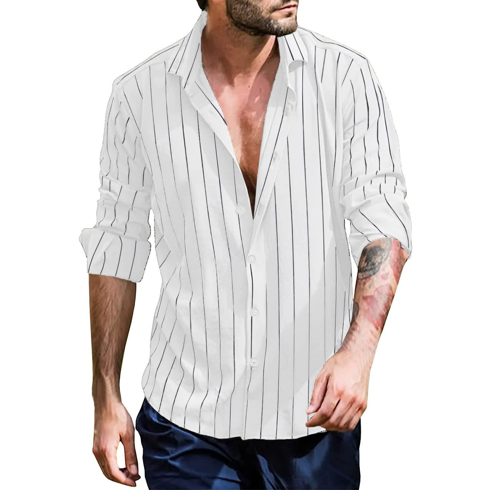 Men's Casual Button Down Long Sleeve Shirt - Cotton Linen Blend Striped Dress Shirt with Spread Collar for Business & Work - White | Office Wear, Smart Casual Outfits & Professional Attire