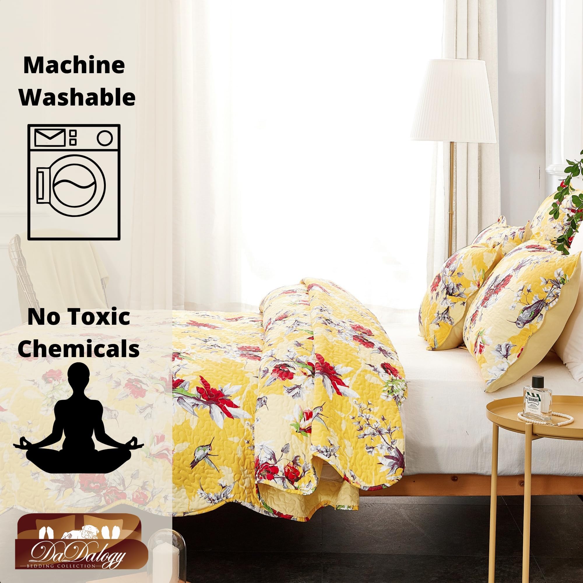 DaDa Bedding Queen Size 3-Piece Floral Bedspread Set - Vibrant Sunshine Yellow with Hummingbirds & Red Flowers, Scalloped Edge Quilted Coverlet - Farmhouse & Garden Style for Bedroom Decor - Perfect for Spring & Summer Home Styling