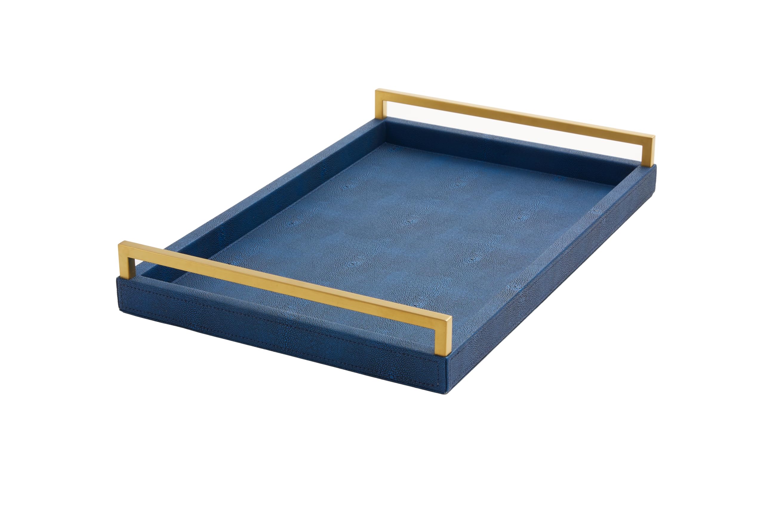 Luxury Navy Blue Shagreen Leather Ottoman Tray with Gold Handles - Large Decorative Serving Tray for Coffee Table, Dining, Bar, Party & Kitchen Island - Perfect for Entertaining, Bathroom Vanity Decor & Home Organization (Blue)