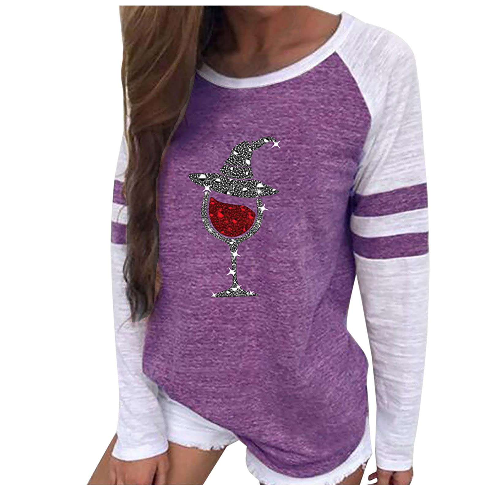 Funny Skull Print Women's Color Block Tunic Tops - Striped Long Sleeve Crew Neck Tee Shirt for Halloween Party, Casual Wear & Gothic Fashion Outfits