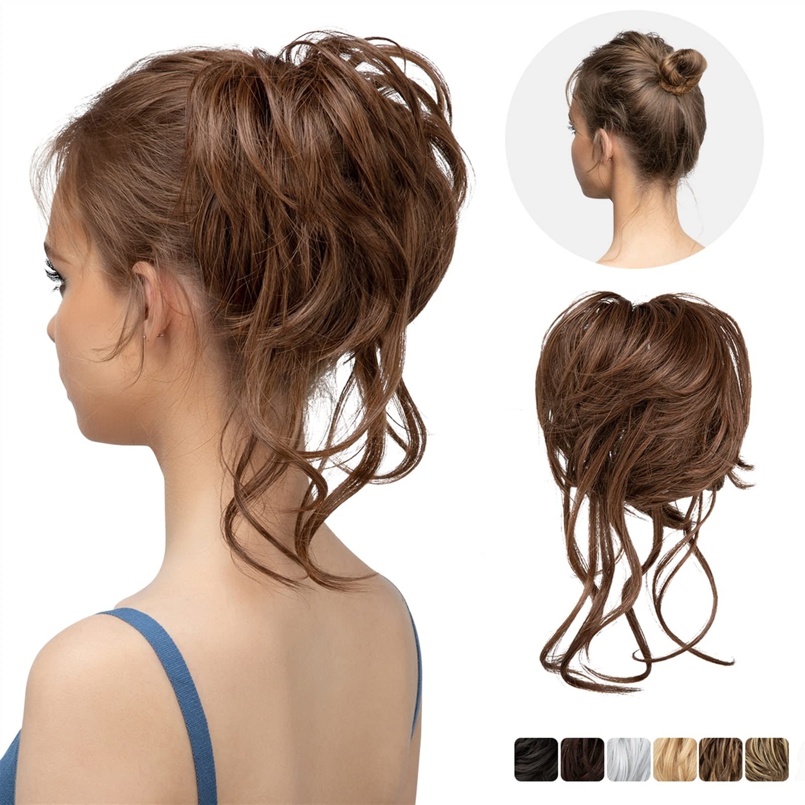Synthetic Messy Bun Hairpiece with Elastic Band - Chocolate Brown Ponytail Extension for Women | Perfect for Parties, Weddings & Everyday Styling