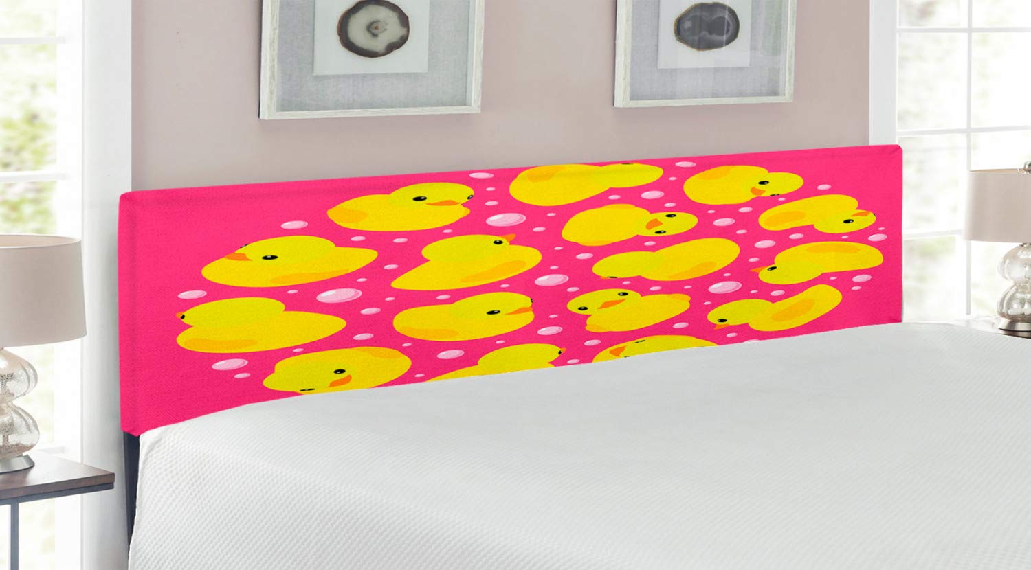 Ambesonne Rubber Duck Headboard - Fun Duckies Circle Pattern Bath Toys & Bubbles Animal Print Upholstered Metal Bed Frame with Memory Foam - King Size Yellow Pink - Perfect for Kids' Bedrooms, Nursery Decor & Whimsical Home Design