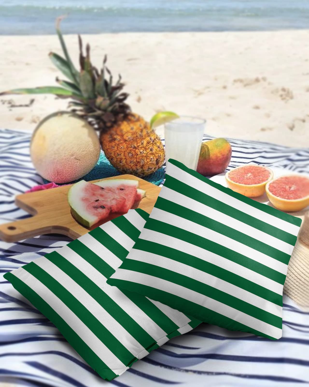Waterproof Outdoor Pillow Covers Set of 2 - 24x24 Inch Green & White Striped Decorative Throw Pillowcases for Patio Furniture, Sofa, Couch & Chair - Christmas Home Decor - Perfect for Outdoor Use, Living Room & Seasonal Holiday Styling