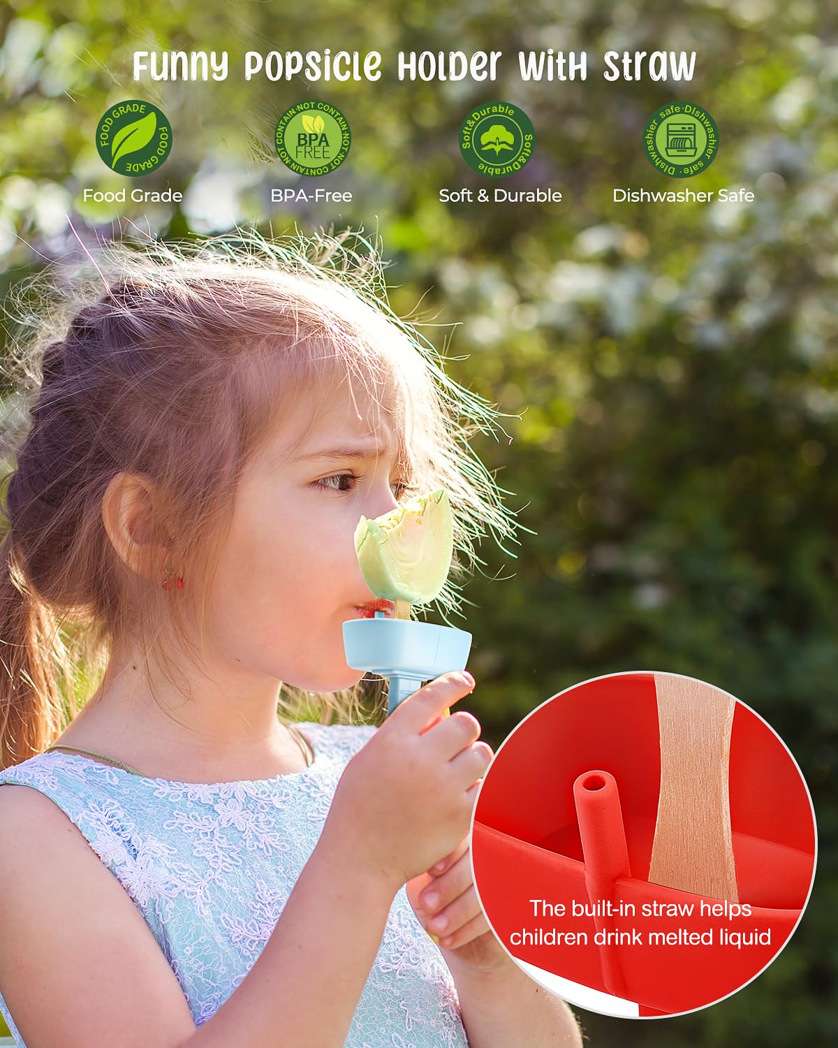 2 Pack No-Drip Silicone Popsicle Holders with Straws for Kids - MEETRUE Mess-Free Frozen Treat Catcher for Toddlers & Babies | Perfect for Summer Snacks, Ice Cream Parties, and Outdoor Picnics
