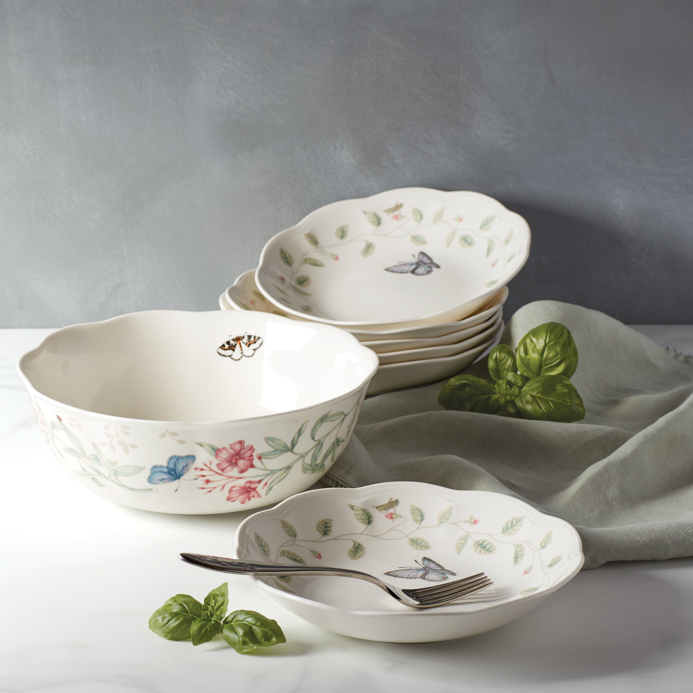 Butterfly Meadow 7-Piece Bowl Set - Colorful Ceramic Mixing & Serving Bowls for Kitchen, Dining & Party Use