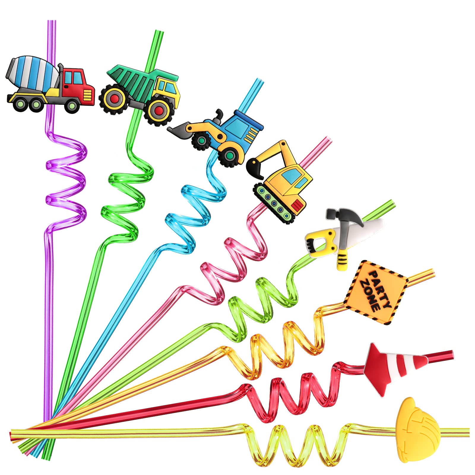 24-Pack Reusable Plastic Construction Toy Straws - Excavator, Bulldozer, Mixer Truck Set for Kids | Construction Theme Birthday Party Favors & Gifts | Includes 2 Cleaning Brushes | Perfect for Construction-Themed Parties, Classroom Rewards & STEM Learning Activities