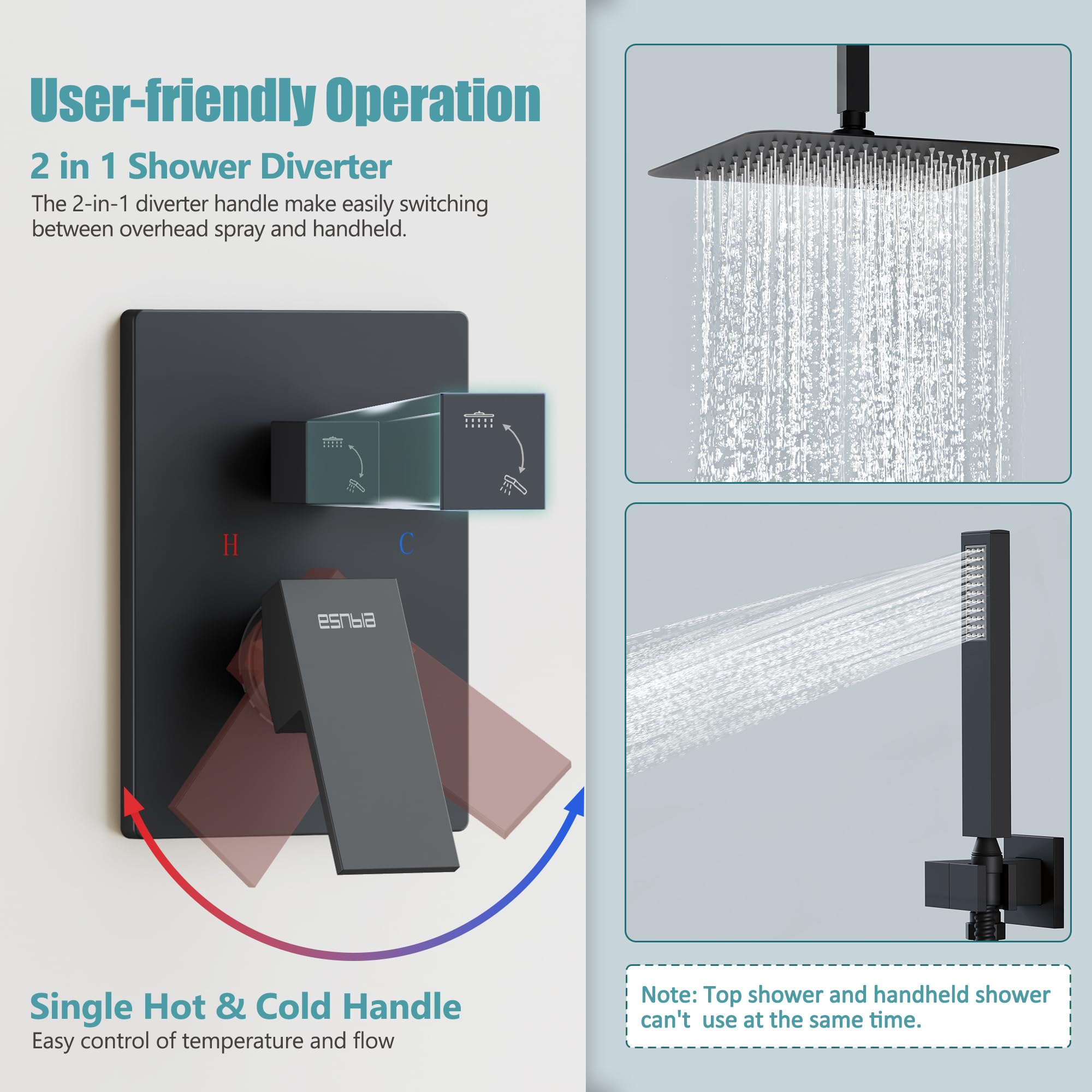 ESNBIA 12 Inch Rain Shower System - Matte Black Dual Shower Head Combo with Handheld, High Pressure Ceiling Mounted Bathroom Faucet Set (Includes Valve & Trim) - Perfect for Luxurious Spa-Like Showers and Modern Bathroom Upgrades