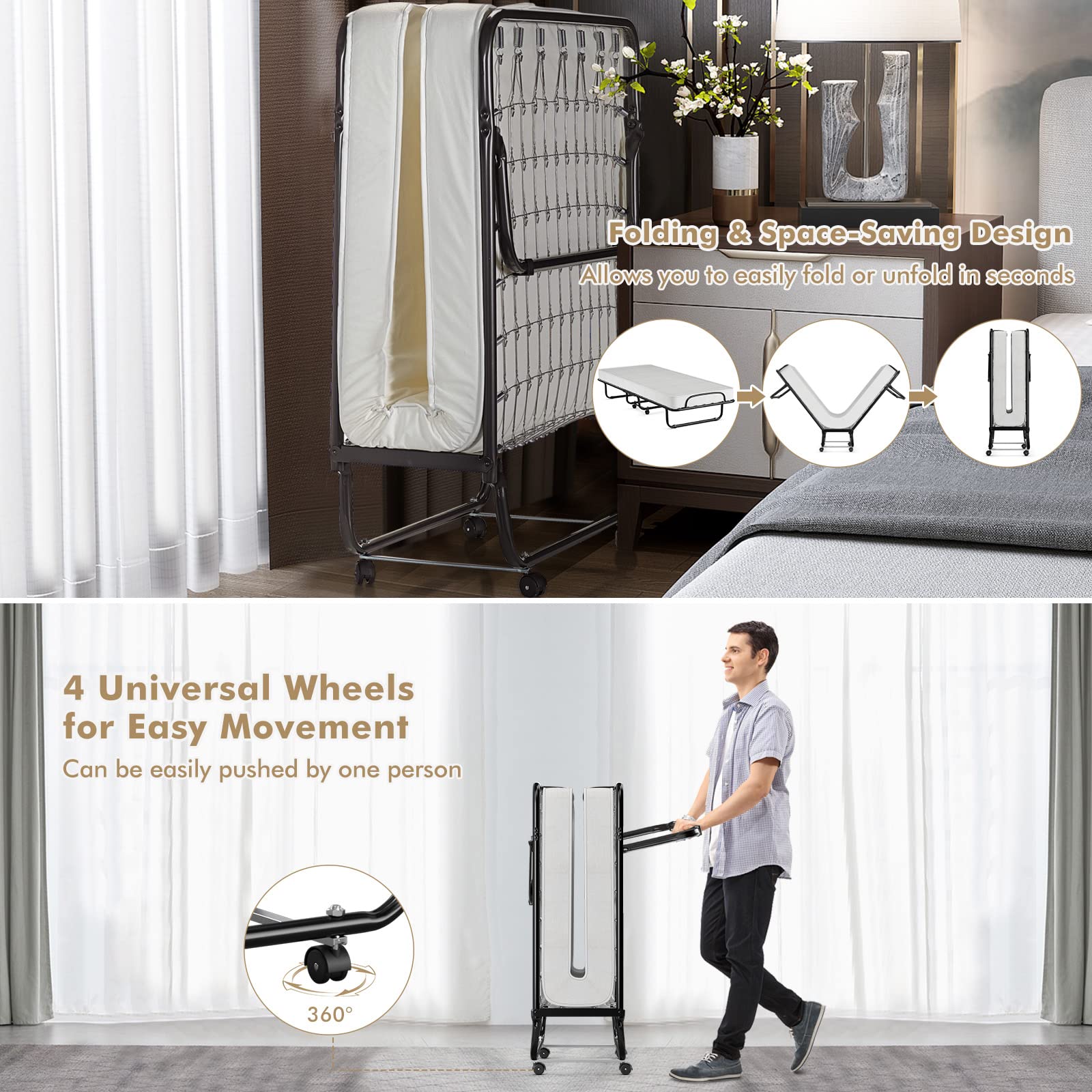 RELAX4LIFE Foldable Guest Bed with Memory Foam Mattress - Sturdy U-Shaped Metal Frame & 4 Universal Wheels | Portable Single Cot for Home, Office & Travel | Easy Storage Space-Saving Design | Made in Italy