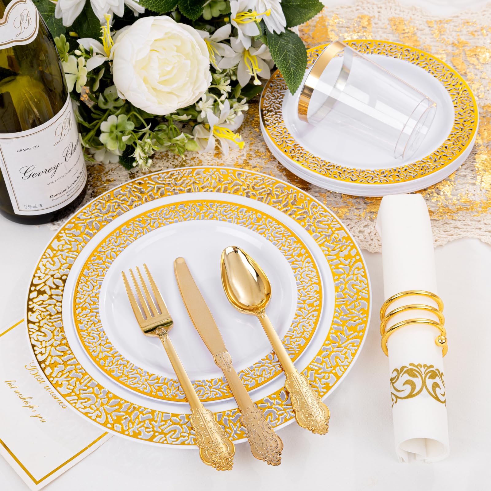 350-Piece Gold Plastic Dinnerware Set for 50 Guests - Disposable Gold Plates, Forks, Knives, Spoons, Cups & Napkins for Parties, Weddings, BBQs & Events - Elegant & Convenient Tableware Solution