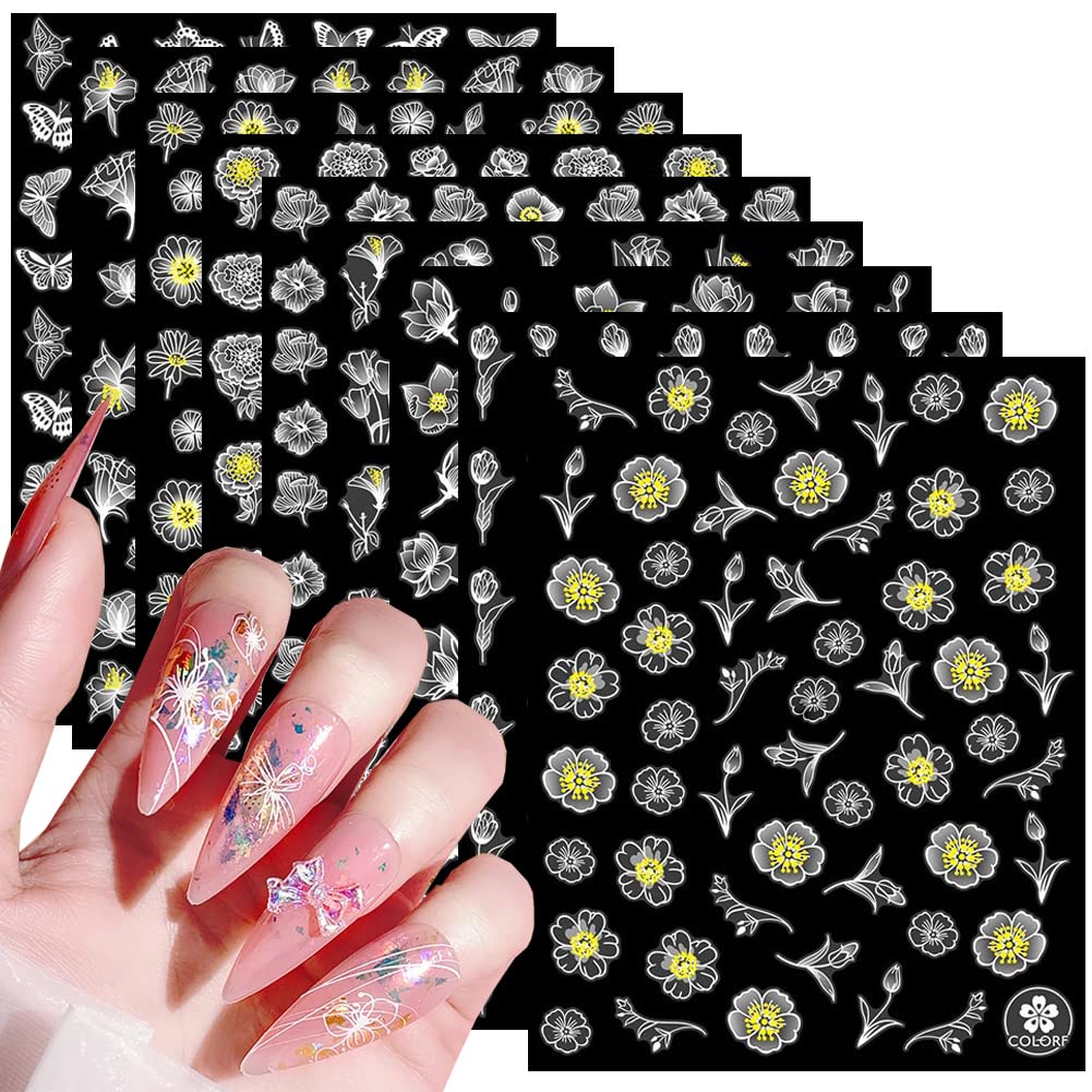 9 Sheets Floral Nail Art Stickers - White Flower Nail Decals, 3D Self-Adhesive Butterfly, Tulip & Cherry Blossom Designs for DIY Acrylic Nails | Perfect for Spring Nail Art, Bridal Manicures & Salon Decorations