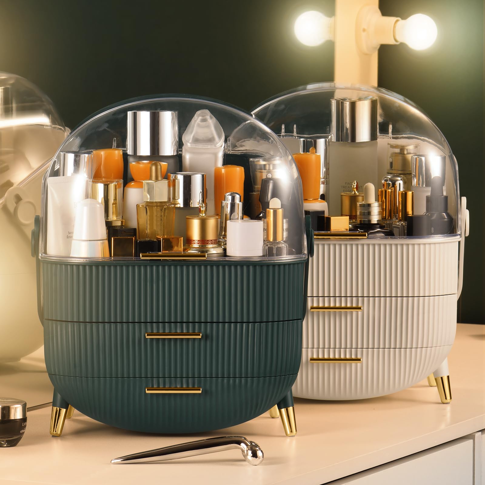 CANITORON Makeup Organizer with 2 Drawers & Brush Storage - Cosmetic Display Case for Vanity & Bathroom Countertop - Green Skincare Organizer for Daily Beauty Routine & Travel Essentials