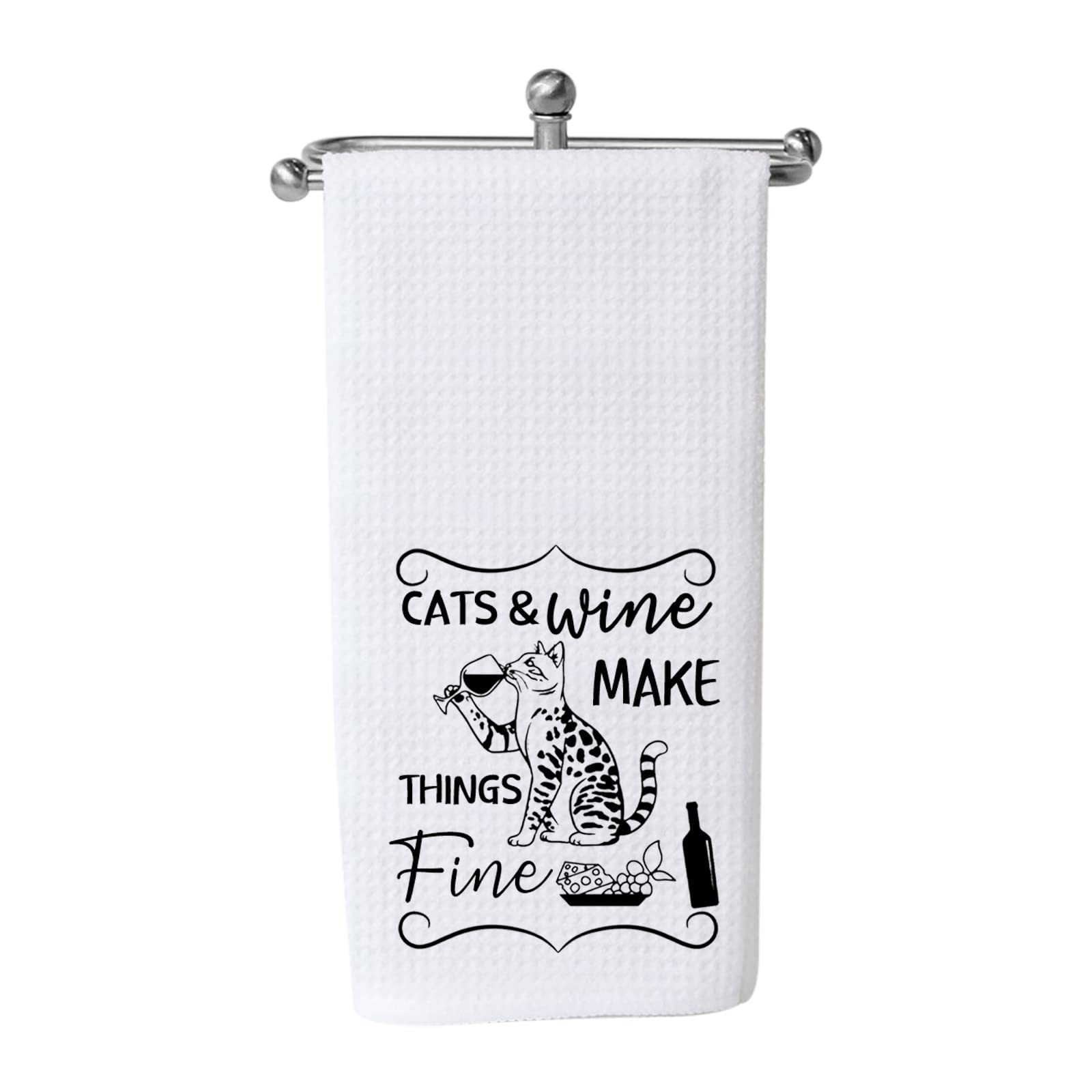 Waffle Weave Kitchen Towel - Cats and Wine Design - Perfect Housewarming Gift for Wine & Cat Lovers | Absorbent & Durable for Kitchen, Dining, and Hosting