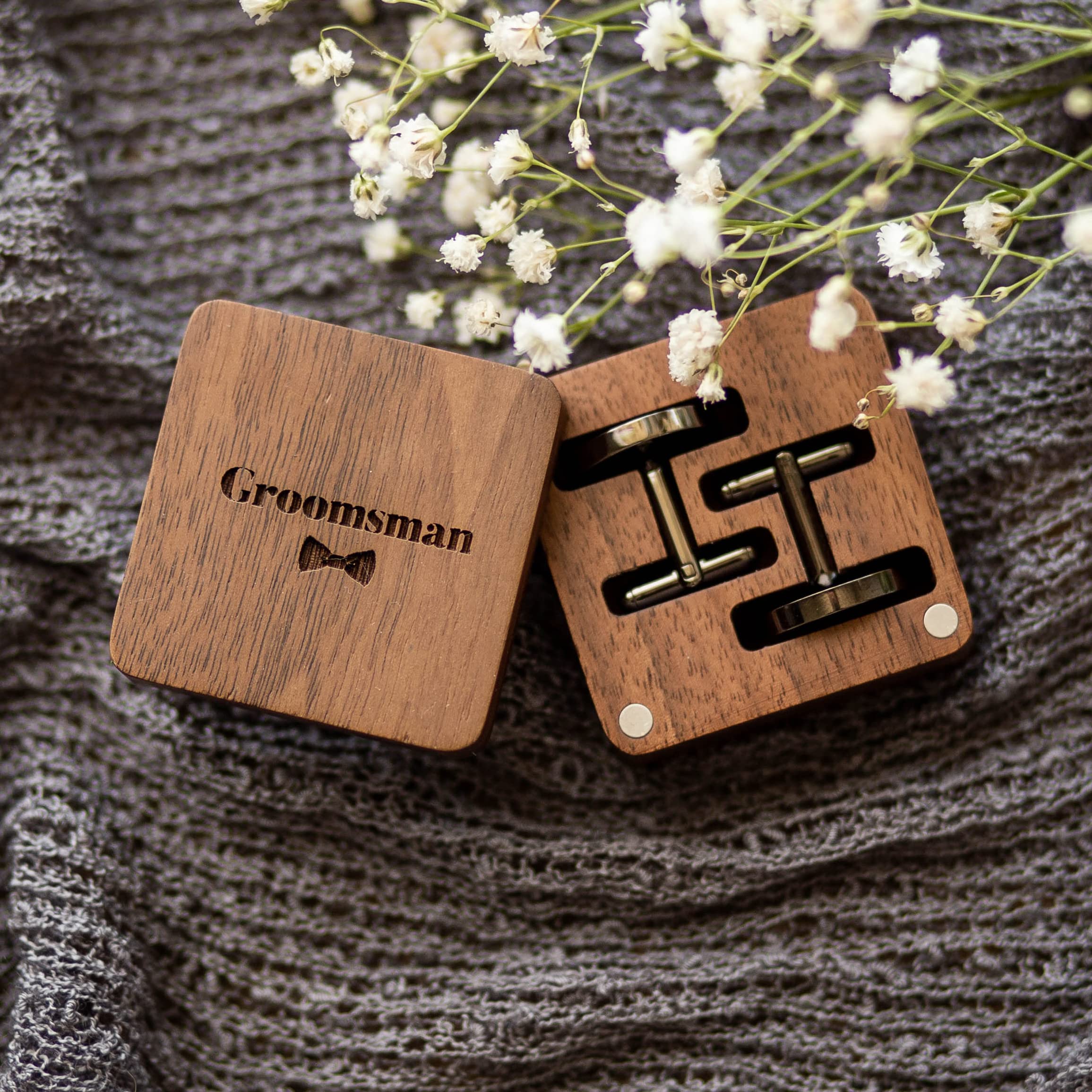 Premium Engraved Wooden Cufflinks Set - Elegant Gift Box for Men - Perfect for Weddings, Business Meetings & Formal Events