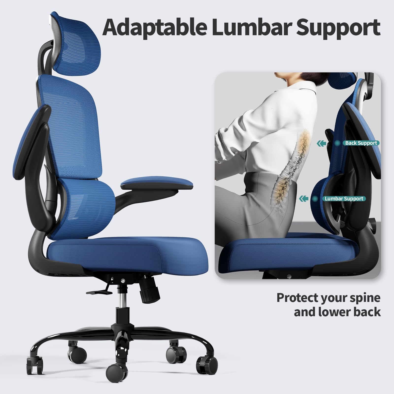 Ergonomic Office Chair with Wheels - 330 LBS Capacity Mesh Desk Chair for Home & Gaming, High Back Support for Long Hours (Blue) - Perfect for Home Office, Gaming Setup & Workspaces