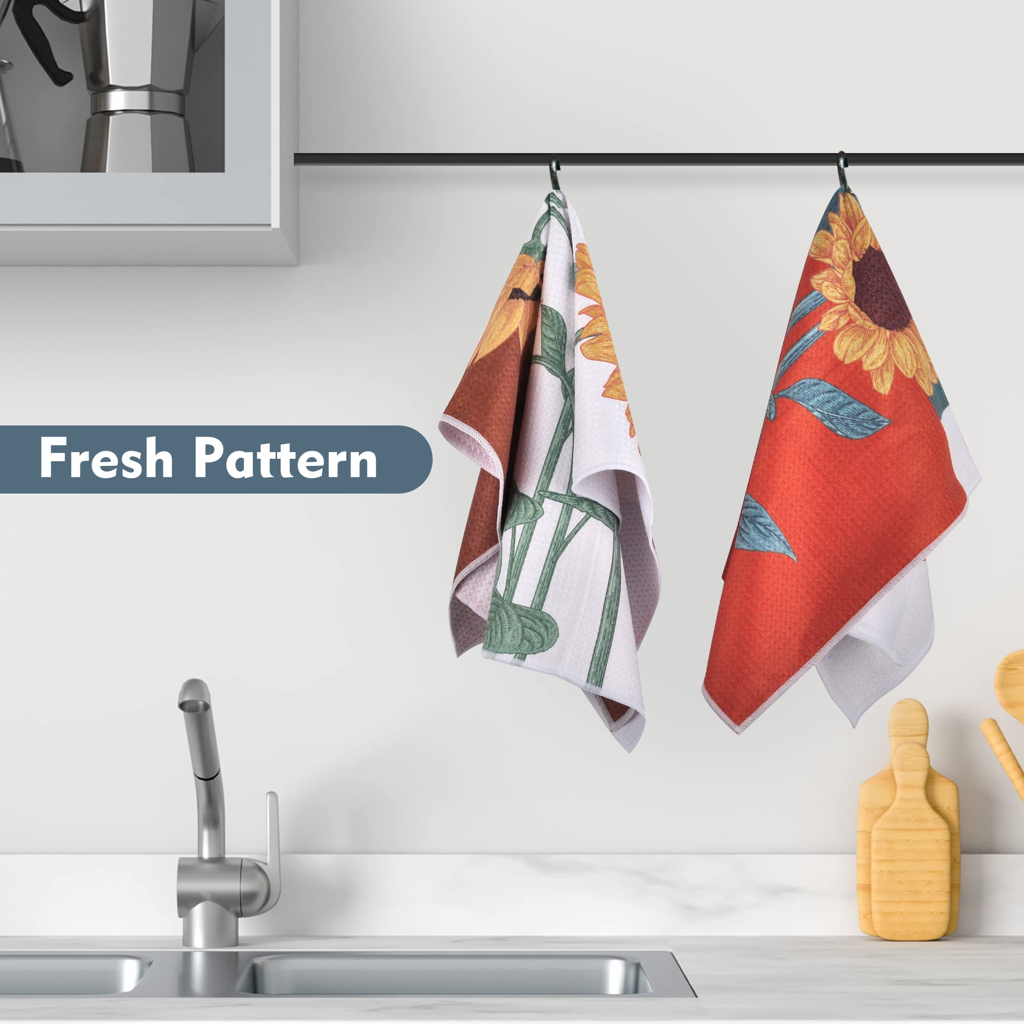 Rainleaf 4 Pack Absorbent Waffle Weave Kitchen Towels Set - Funny Saying Dishcloths, Decorative Hand Towels & Tea Towels for Cooking, Baking, Dish Drying - Sunflower Pattern Home Decor