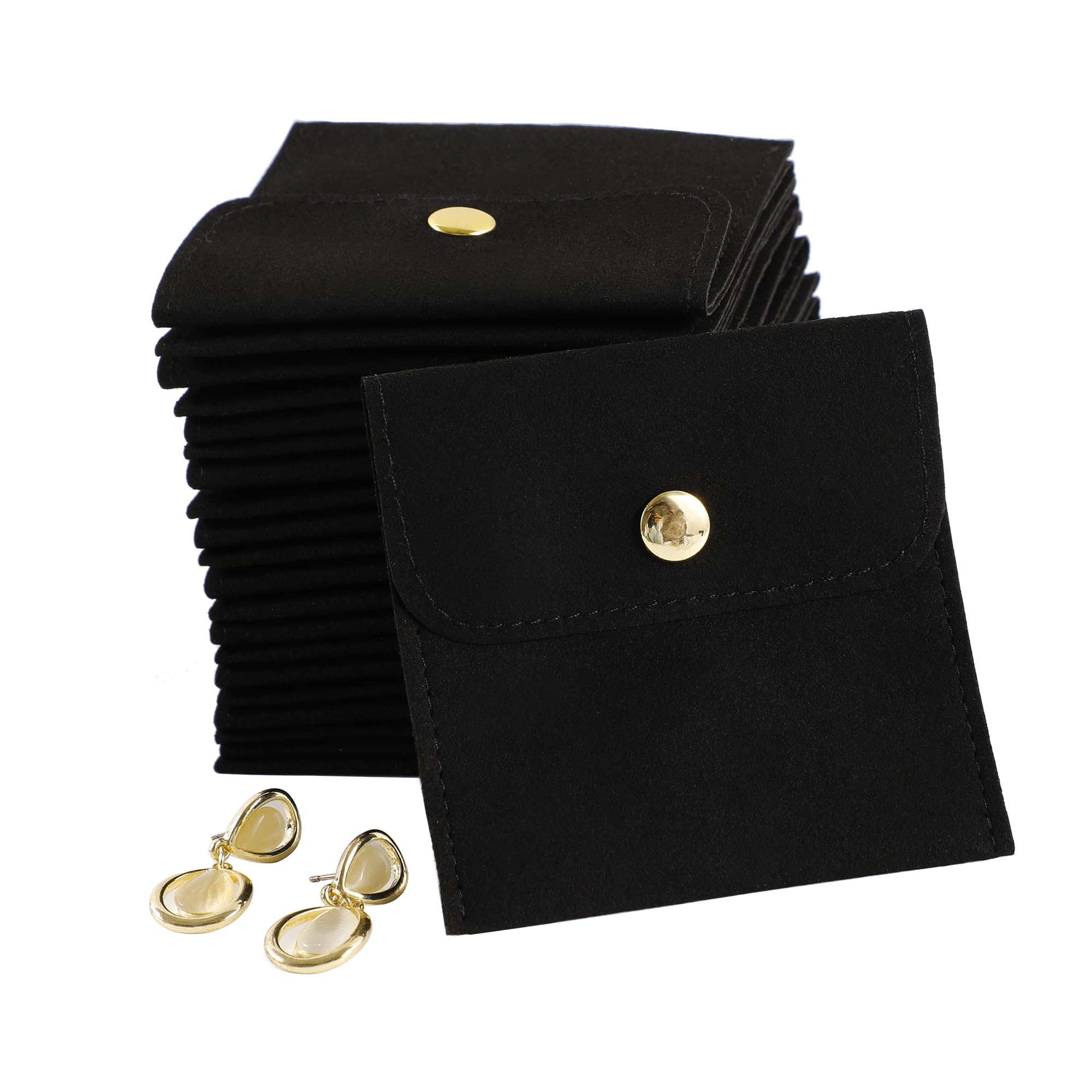 40-Piece Black Microfiber Jewelry Pouch Set with Button Closure (8x8cm) - Luxury Small Gift Bags for Earrings, Necklaces, Bracelets & Rings - Perfect for Jewelry Packaging, Wedding Favors & Retail Displays