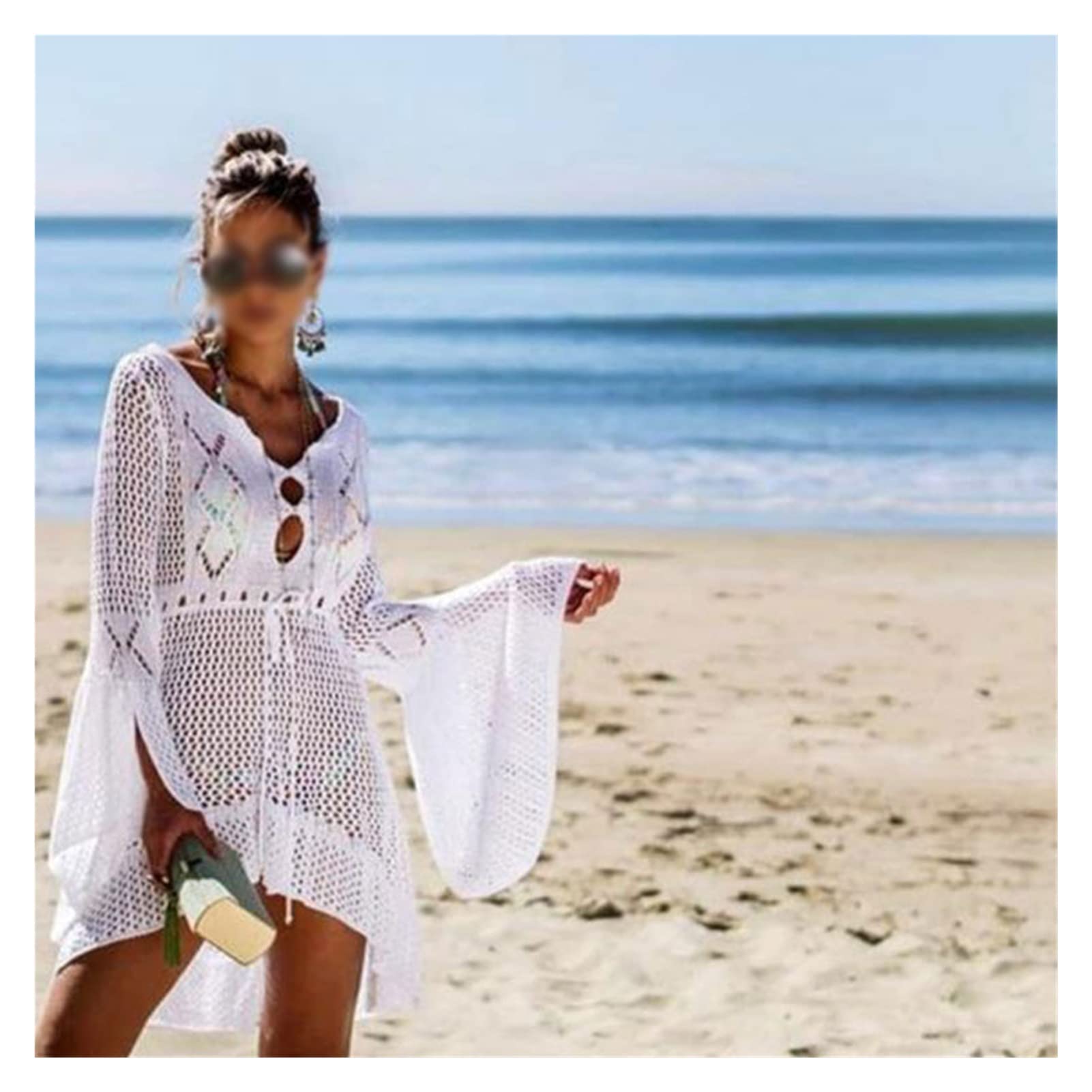 Women's Bikini Cover Up - Summer Beach Swimsuit Cover-up Hollowed Knit Mesh Tunic Dress (One Size) - Perfect for Poolside, Beach Vacations & Resort Wear