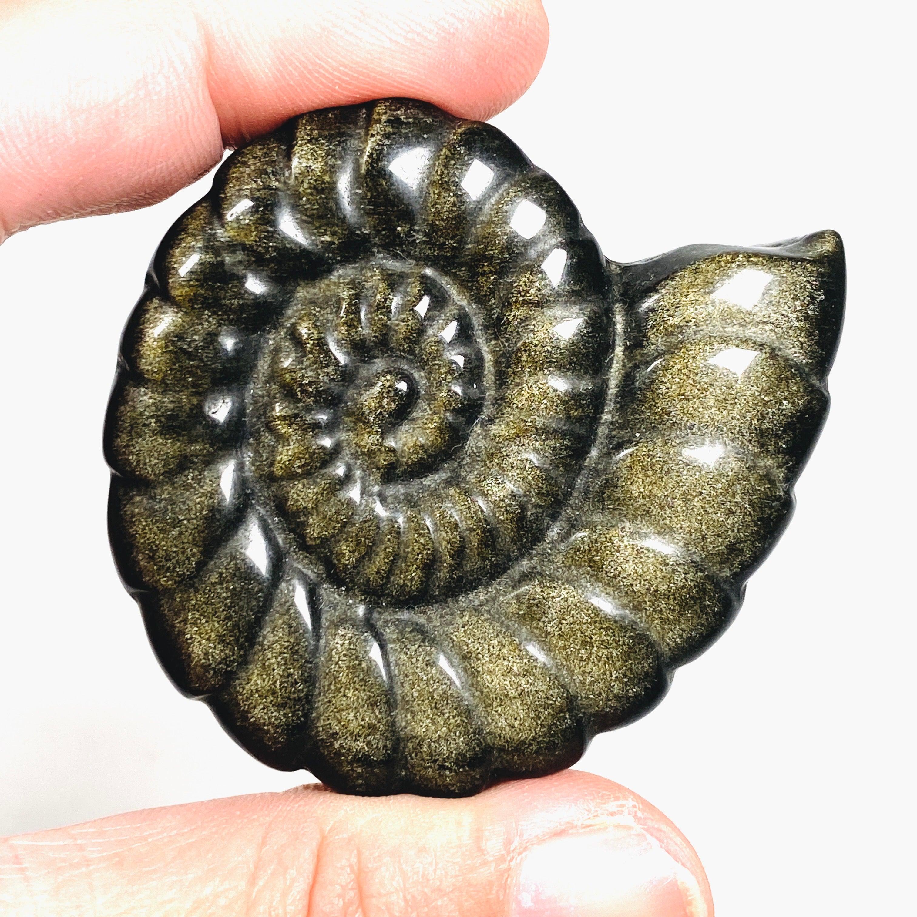 Natural Ammonite Gold Sheen Obsidian Carving AMC01 - Handmade Healing Stone for Meditation, Yoga & Spiritual Decor