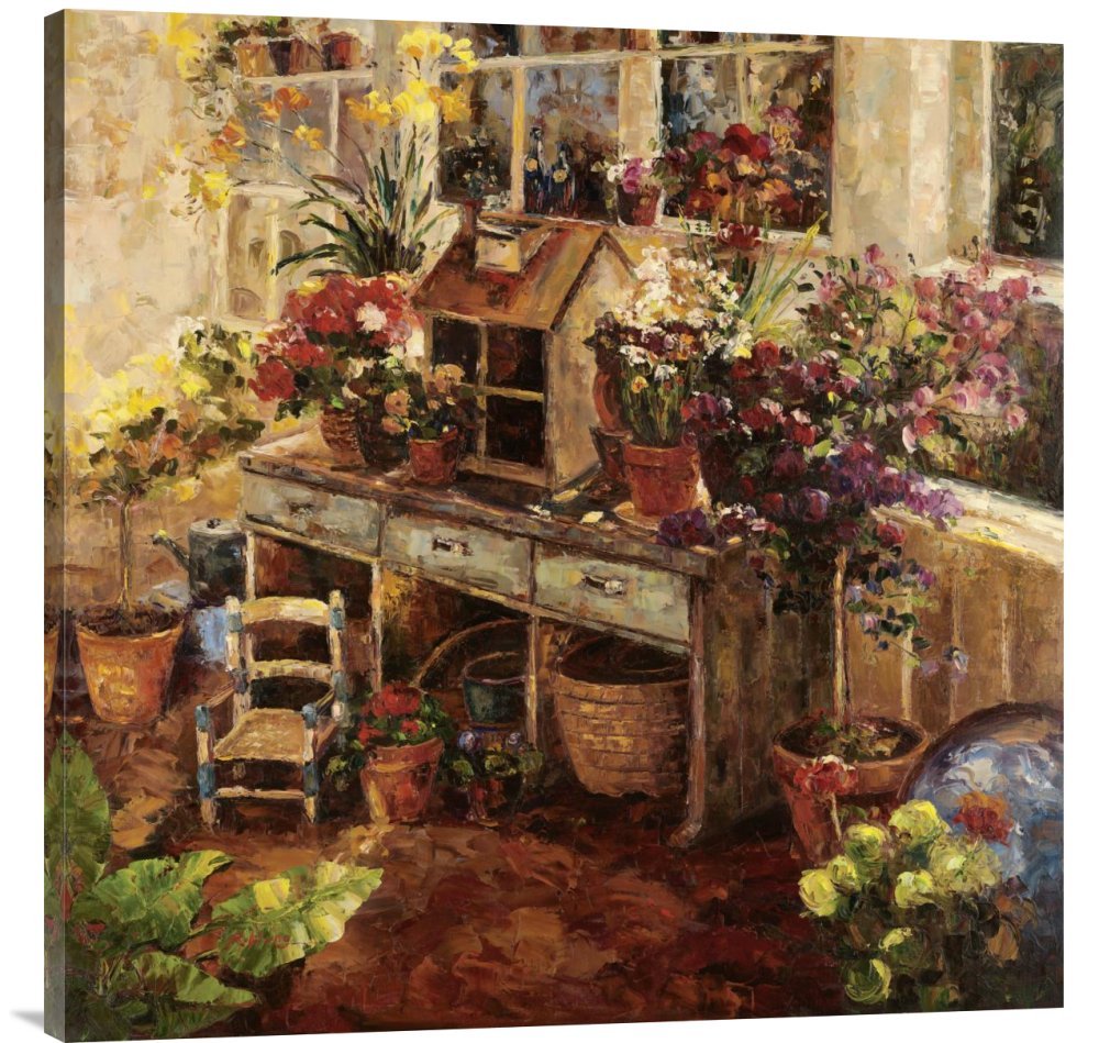 Global Gallery Budget Hong Michelle's Potting Bench Canvas Wall Art Print - Giclee Gallery Wrap for Home, Office & Garden Decor