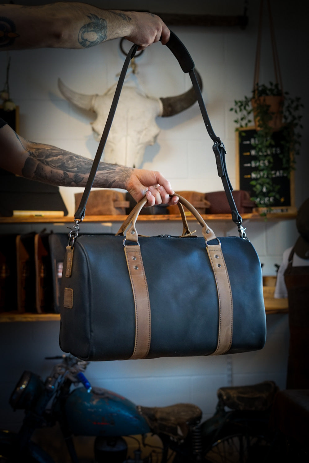 Overnighter Duffle Bag - Flat Black with Rustic Brown Accents - Perfect for Travel, Gym & Weekend Getaways