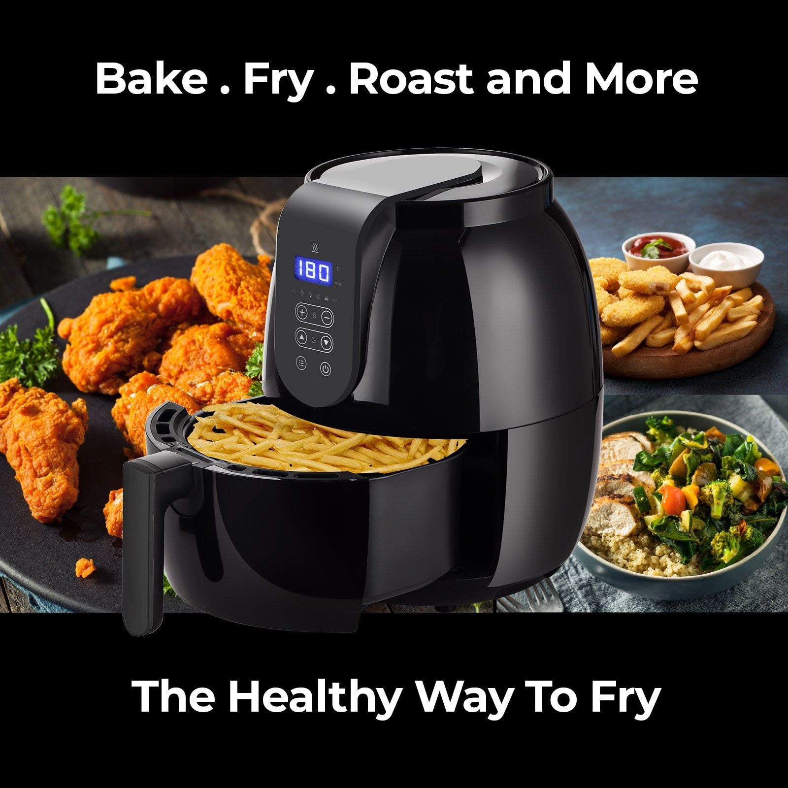 3.5L Digital Air Fryer with LED Display - Oil Free Healthy Cooking, Black - Perfect for Crispy Fries, Chicken Wings & Family Meals