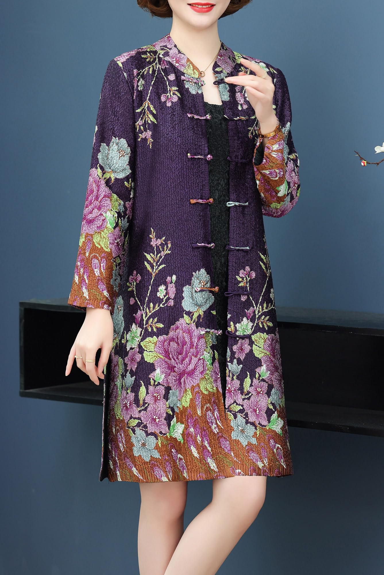 Women's Reversible Crinkle Bubble Fabric Long Shirt with Floral Print - Elegant Chinese Style Blouse for Casual Wear, Office & Special Occasions