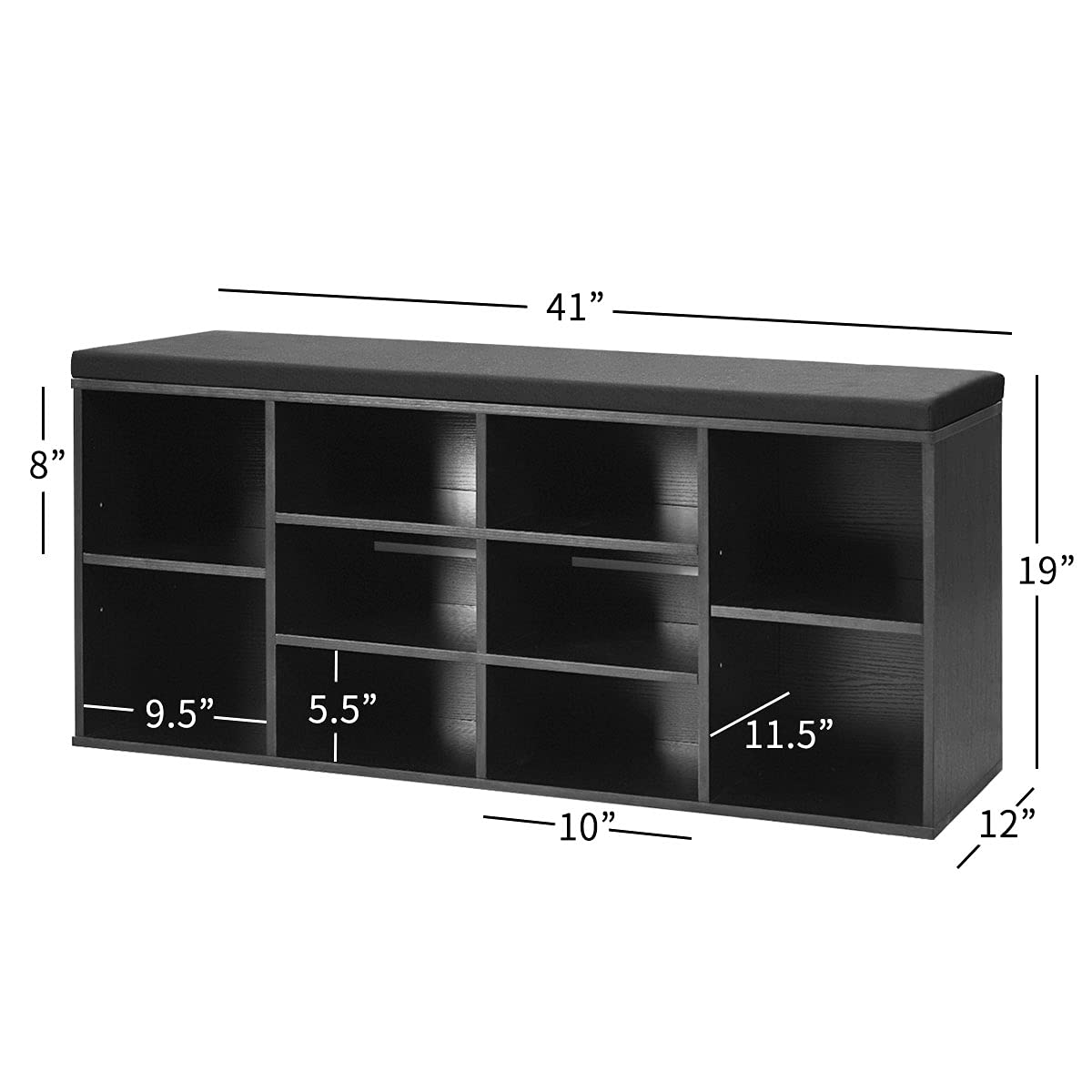 10-Cube Shoe Storage Bench with Padded Seat & Adjustable Shelves - Entryway Organizer for Living Room, Bedroom, Hallway & Mudroom - Perfect for Small Space Organization & Shoe Display (Black)