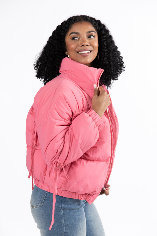 Pink Bow Sleeve Puffer Jacket for Women - Cozy Winter Outerwear with Stylish Bow Details | Perfect for Cold Weather, Date Nights & Holiday Outfits
