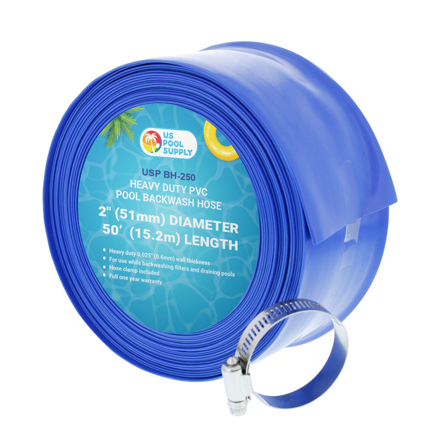U.S. Pool Supply® 2-Pack 50-Foot Heavy Duty Blue Swimming Pool Backwash Hose with Hose Clamp | Durable Pool Maintenance Equipment for Efficient Water Drainage & Cleaning