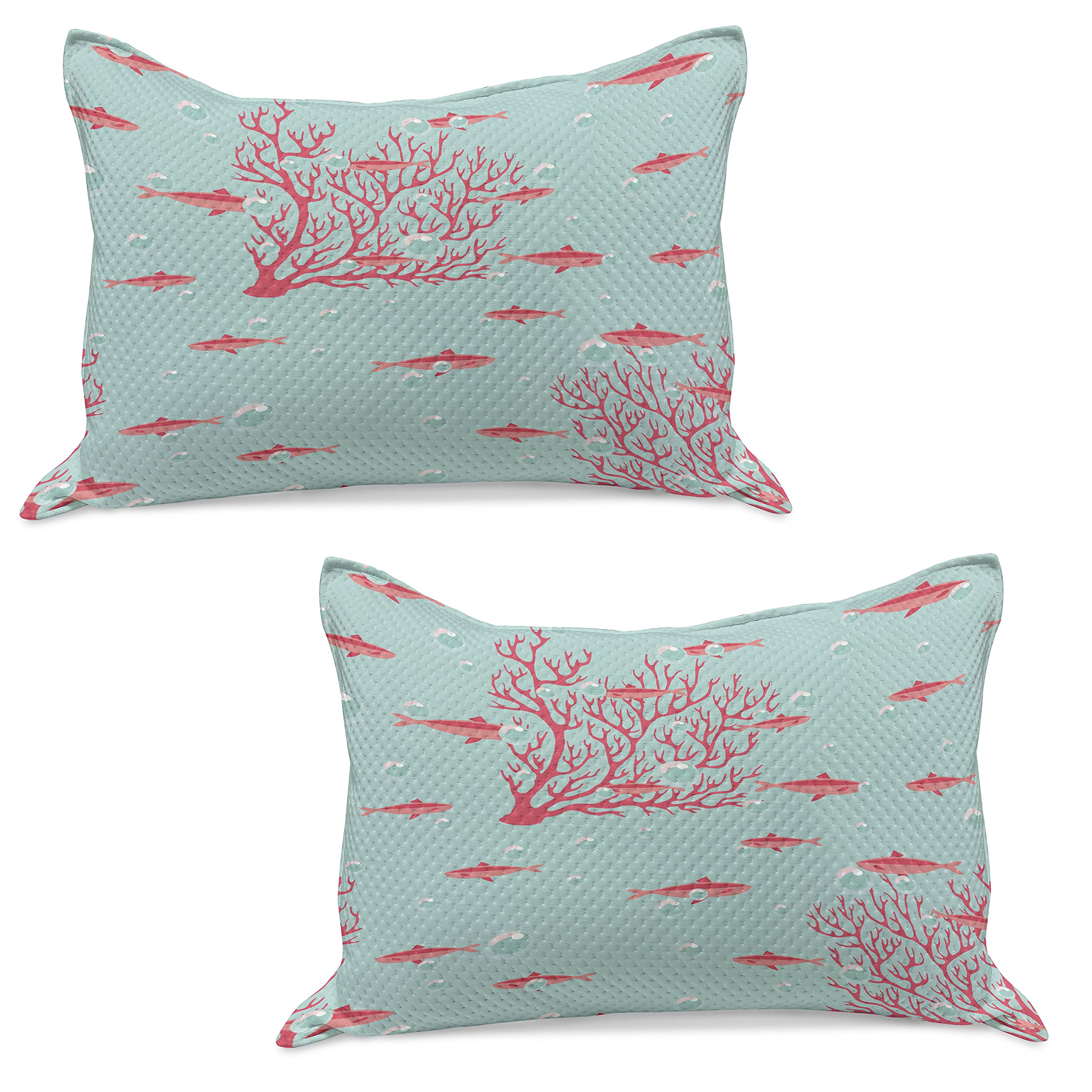 Ambesonne Coral Quilted Pillow Cover Set of 2, Ocean-Themed Decorative Throw Pillow Covers with Fish & Coral Reef Design, 30