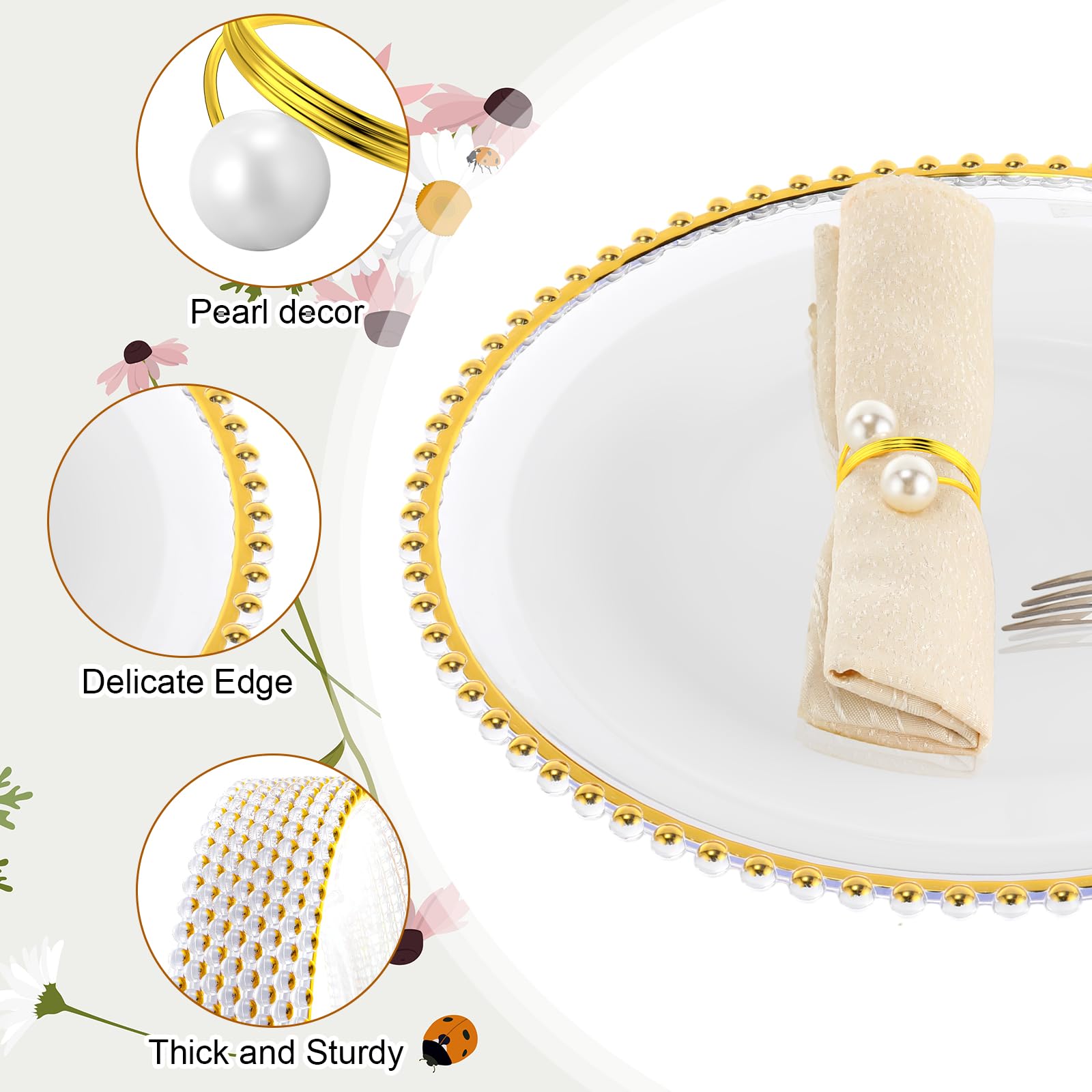 50-Pack Clear & Gold Beaded Plastic Charger Plates 13 Inch with Napkin Rings - Acrylic Round Dinner Plates for Wedding, Party & Special Events - Elegant Table Decor for Formal Dining & Celebrations