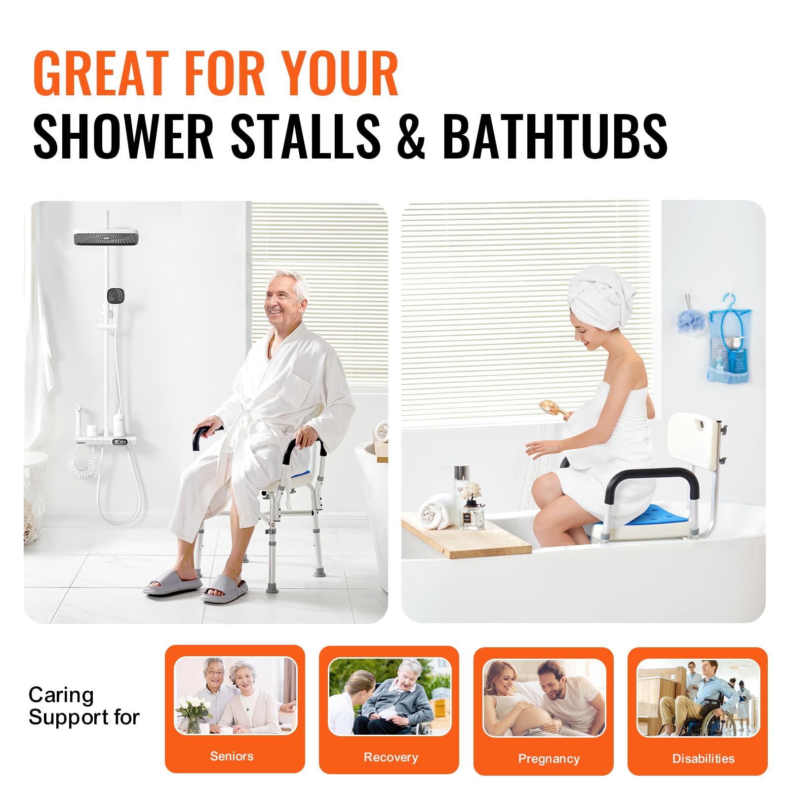 Adjustable Shower Chair Seat with Padded Armrests & Back Support - 400 lbs Weight Capacity - Non-Slip Bath Stool for Elderly & Disabled - Perfect for Shower, Bathtub & Bathroom Safety (Ideal for Seniors, Post-Surgery Recovery & Mobility Assistance)