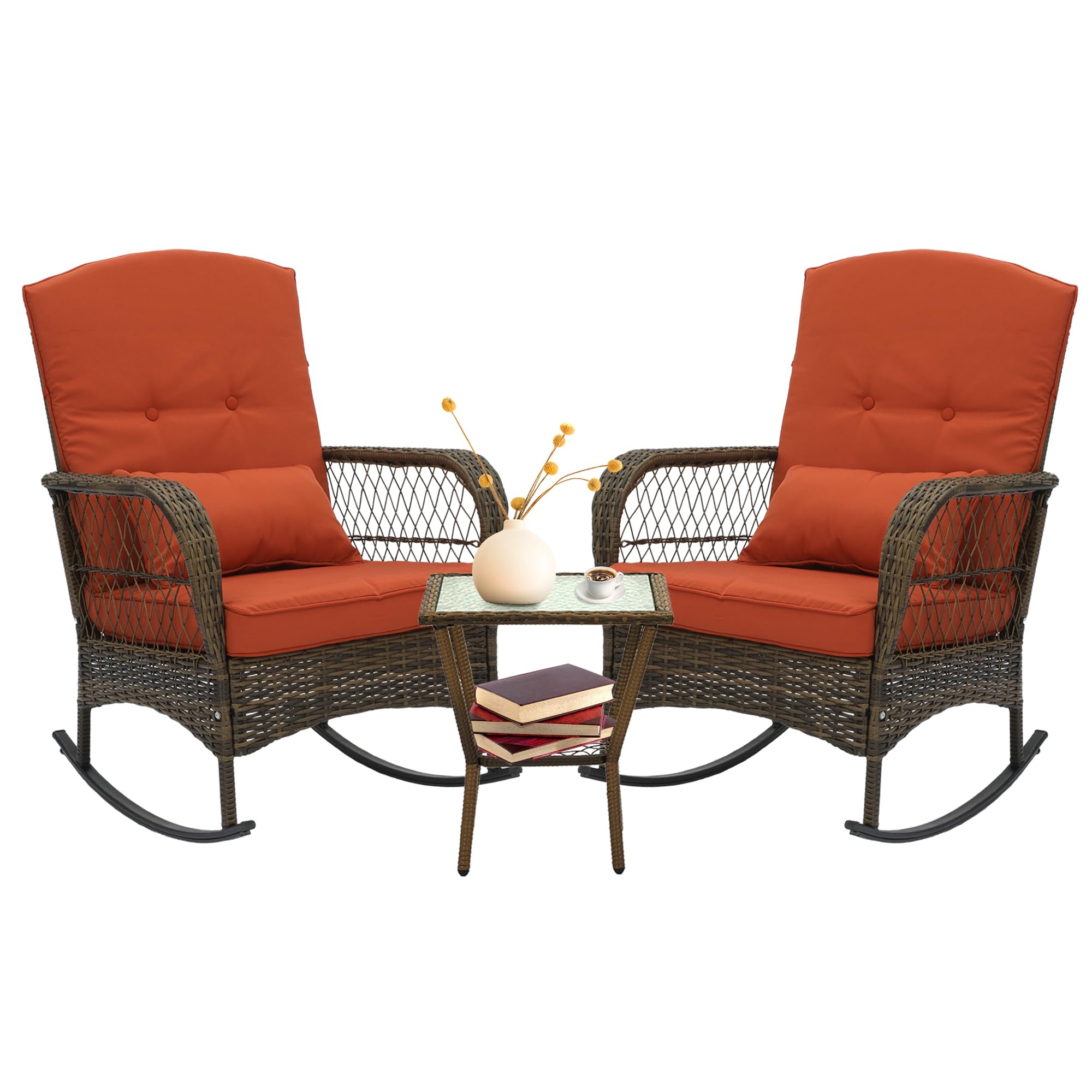Outdoor Wicker Rocking Chairs Set of 3 - Rattan Patio Furniture with Cushions & Side Table - Perfect for Garden, Porch, Balcony, Yard & Outdoor Relaxation