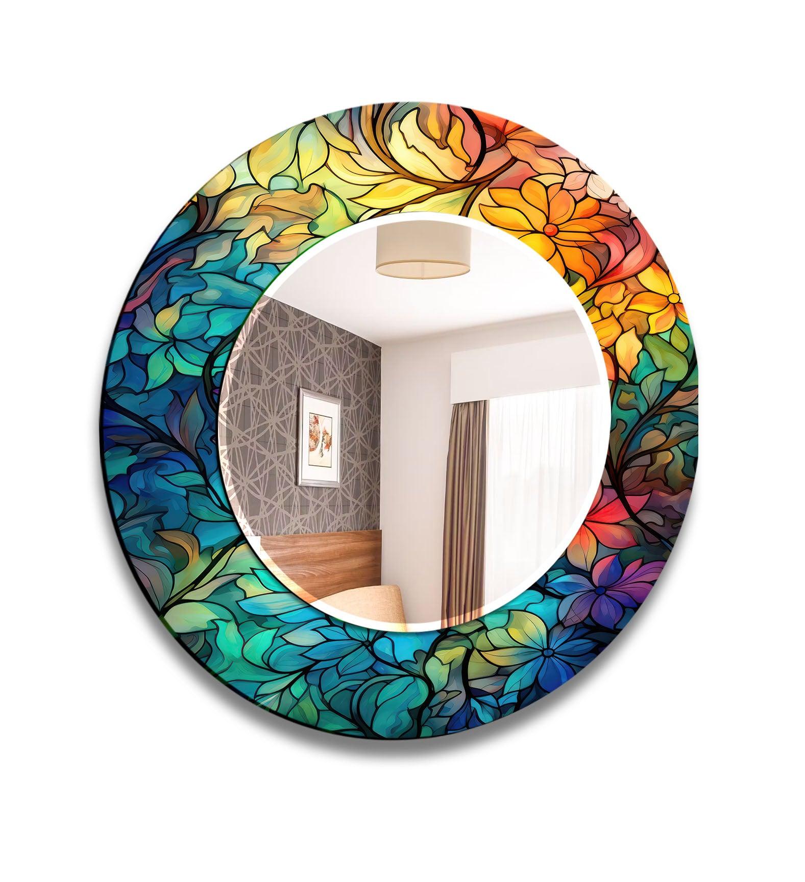 Blue & Orange Stained Glass Wall Mirror with Leaf Design - Elegant Home Decor for Living Room, Bedroom, or Entryway