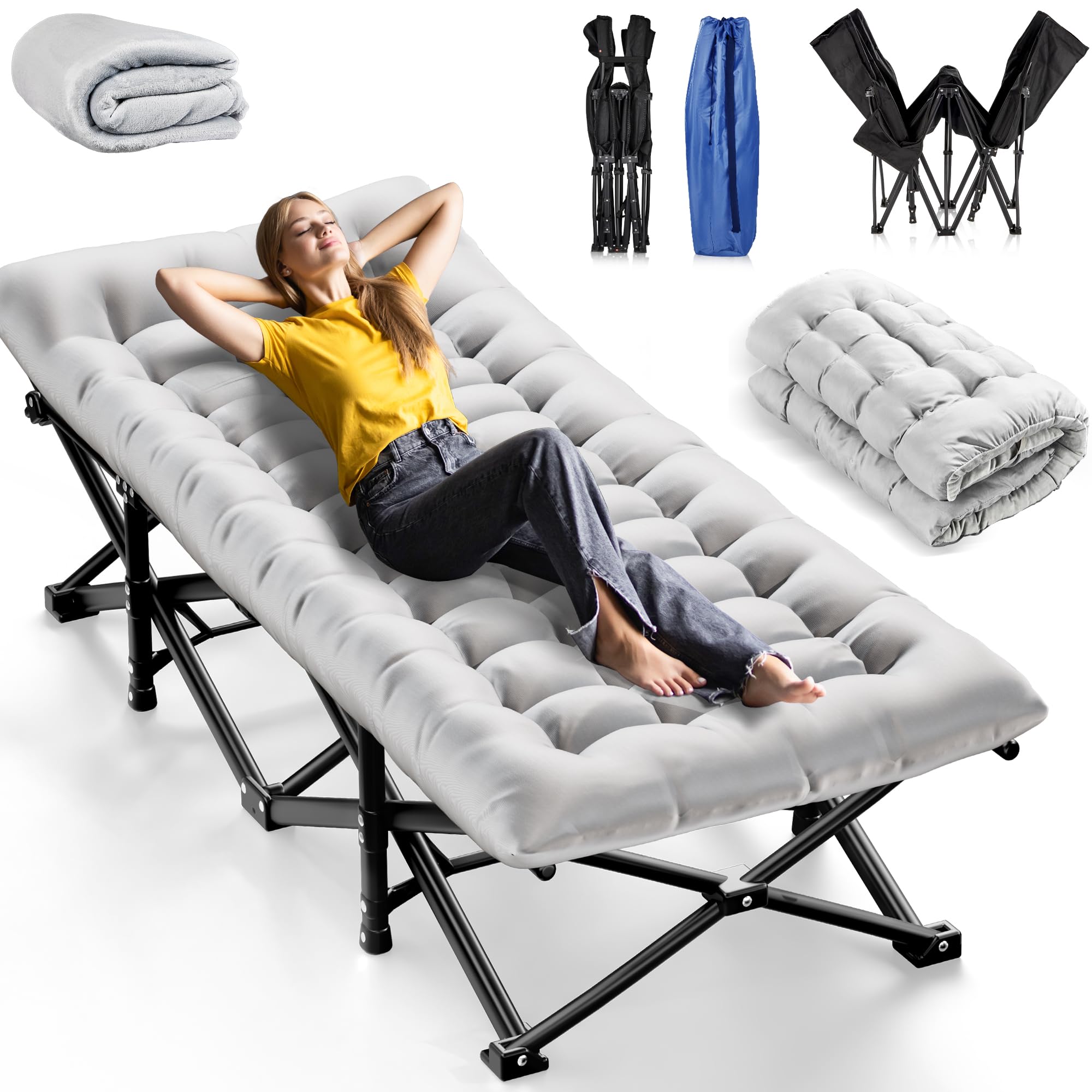 Heavy Duty Folding Camping Cot for Adults - 1200D Double Layer Oxford Fabric with Flannel Blanket - Portable Sleeping Cot Supports 550LBS - Perfect for Camping, Home Office Naps, Beach Travel & Outdoor Adventures