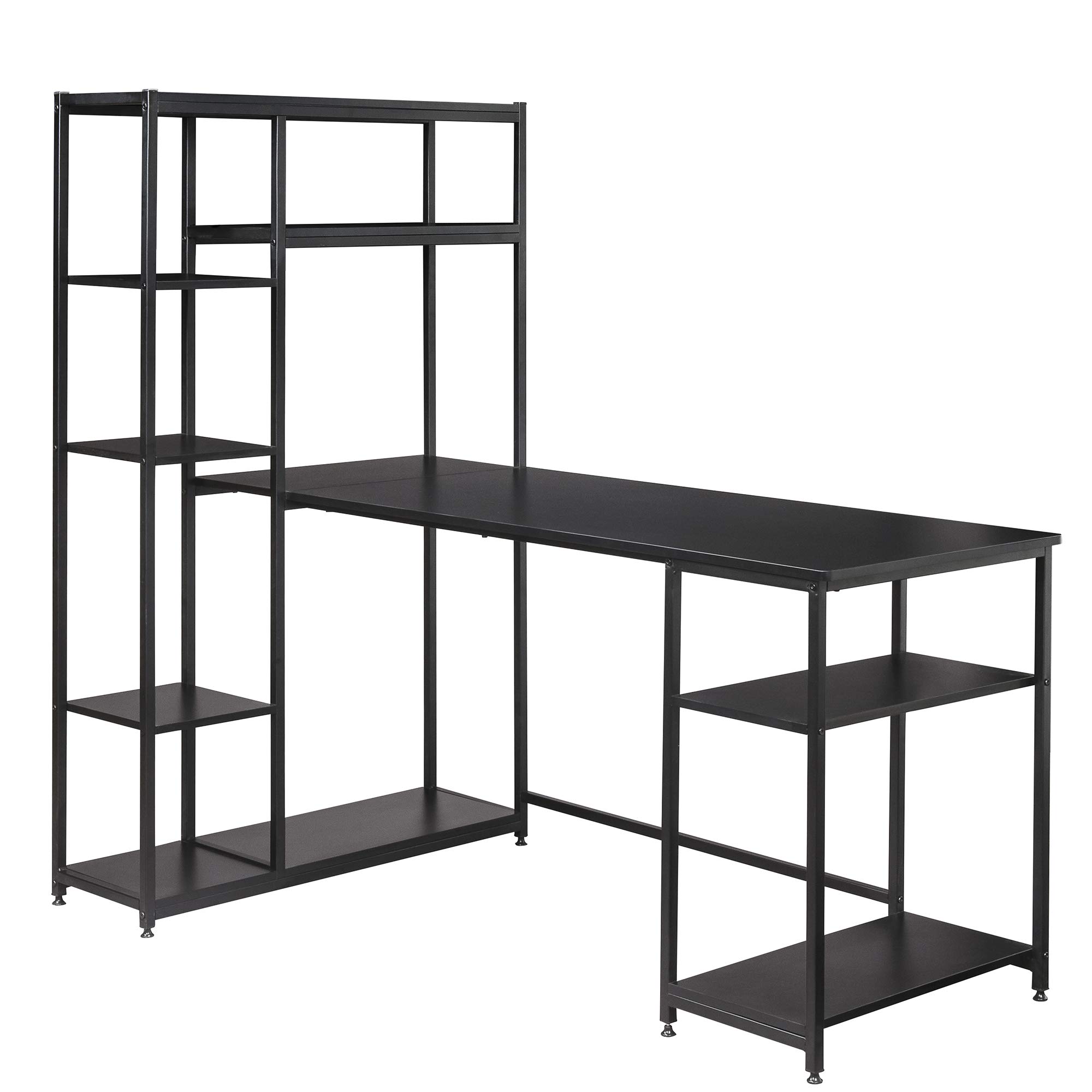 Modern Large Office Computer Desk with Bookshelf & Storage Shelves - Black | Study Table, PC Workstation for Home Office, Gaming & Remote Work | Durable & Spacious Design for Productivity & Organization