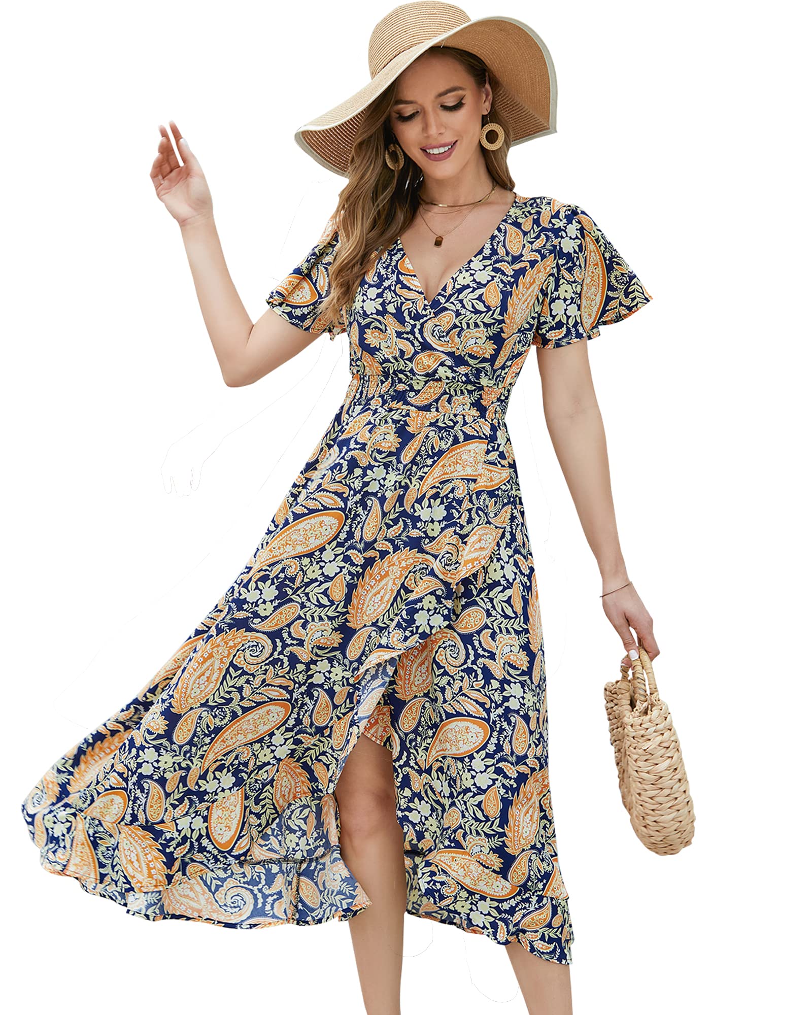Stylish Iiofy Women's Bohemian Summer Dresses - Casual Short Sleeve Floral Print Sundress & Maxi Dress for Beach, Vacation & Outdoor Activities