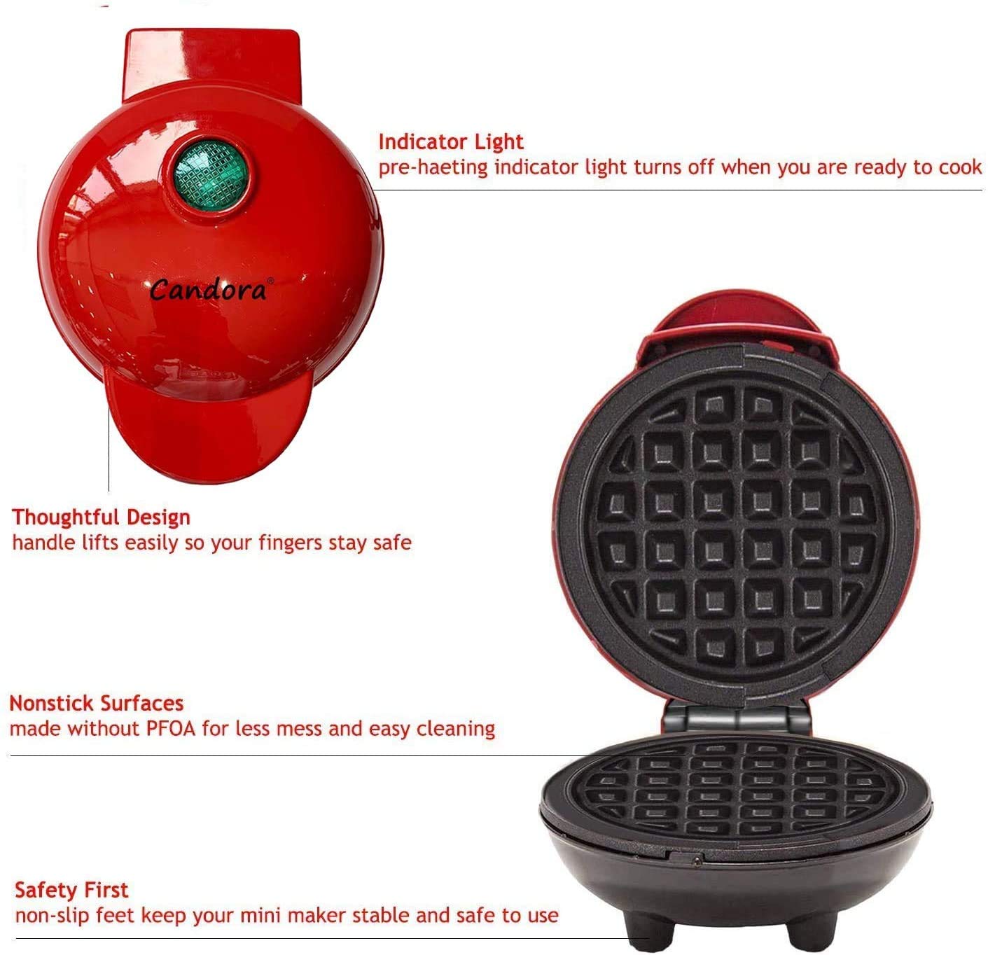 Candora Home Mini Waffle Maker Machine - Perfect for Individual Waffles, Paninis, Hash Browns | Compact & Easy to Use | Ideal for Breakfast, Snacks & Quick Meals at Home, Office or Dorm