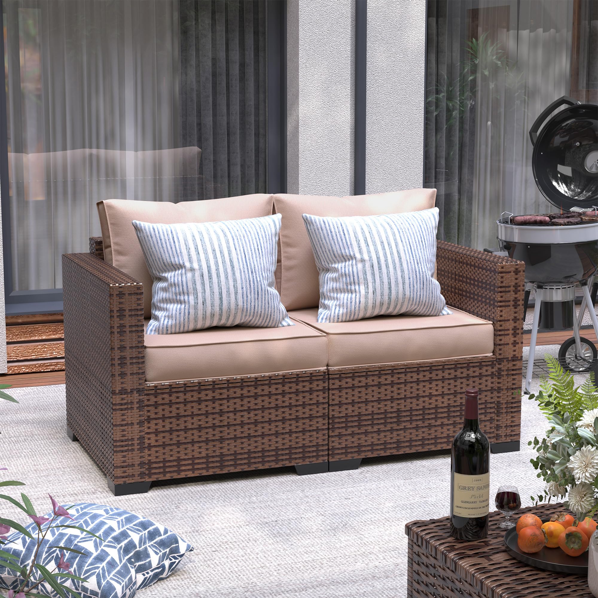 UDPATIO 2-Person Wicker Patio Love Seat - Outdoor Rattan Sectional Sofa with Steel Frame, Waterproof Cover, Non-Slip Cushions & High Back Support (Khaki) - Perfect for Garden, Poolside, Balcony & Backyard Relaxation