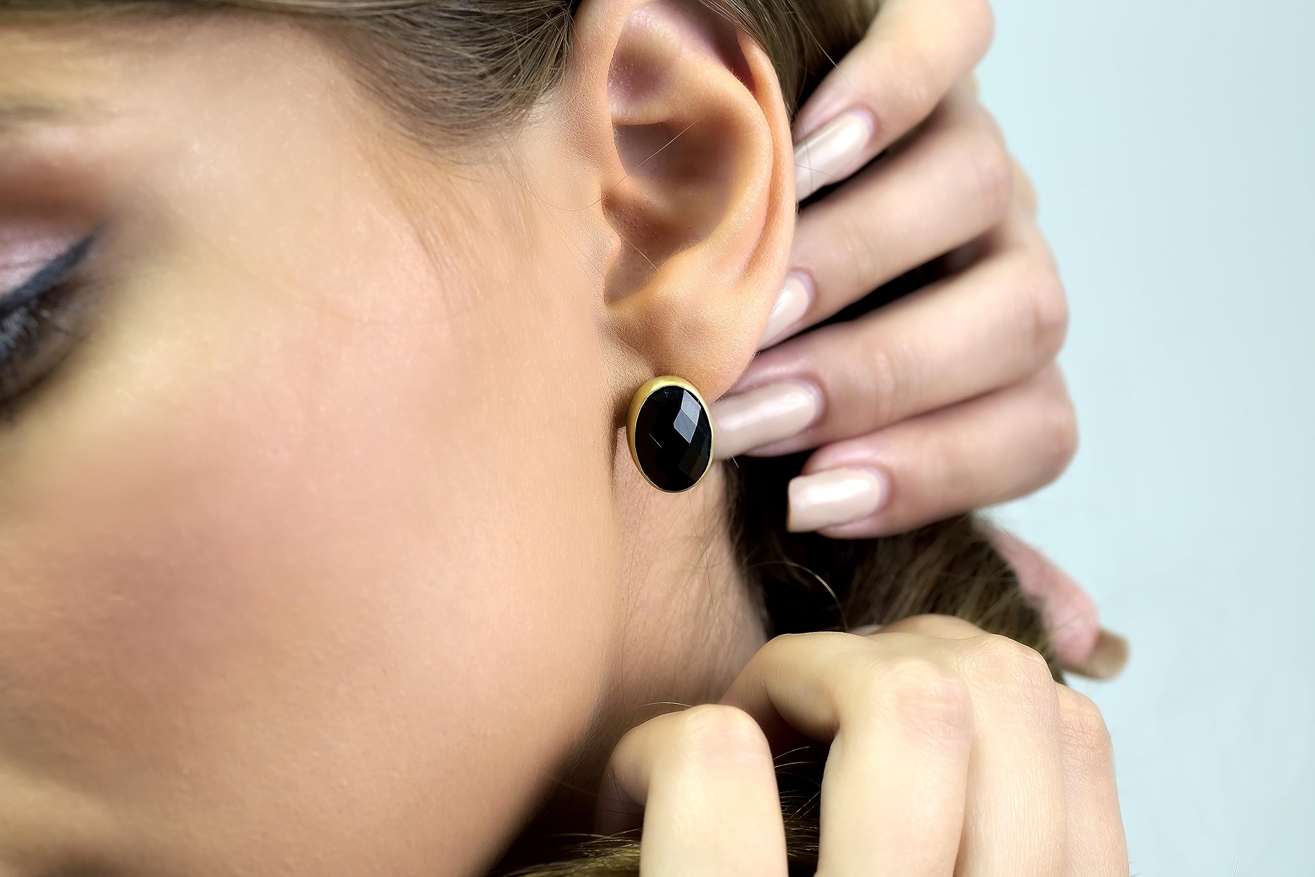 Black Onyx Stud Earrings in 18k Gold Vermeil - Minimalist Oval Gemstone Jewelry with Gold Bezel Setting - Perfect for Everyday Wear, Office & Special Occasions