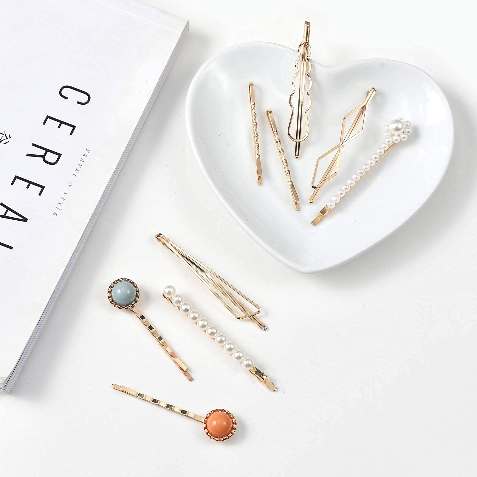Mehayi 20 PCS Handmade Macaron Pearls & Acrylic Resin Hair Clips - Cute Hair Barrettes, Bobby Pins with Glitter Crystal Geometric Design, Elegant Gold Hair Accessories for Women & Girls (Perfect for Weddings, Parties & Daily Styling)