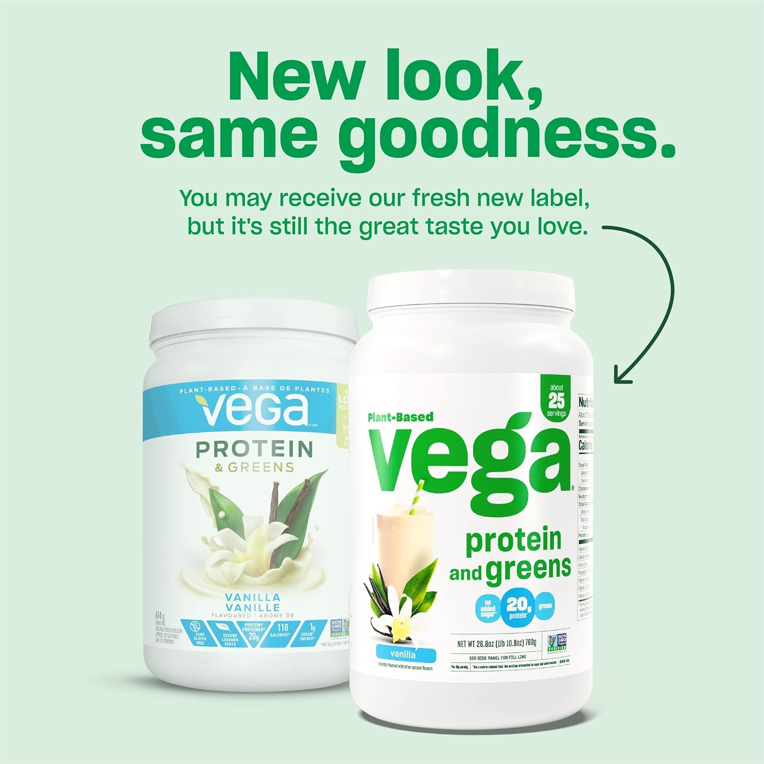 Vega Protein and Greens Powder - Vegan Plant-Based Protein with Pea Protein & Superfoods, Non-GMO, 20g Protein per Serving, Vanilla Flavor, 21.7oz (Packaging May Vary) - Perfect for Post-Workout Recovery, Smoothie Boosts & Healthy Meal Replacement