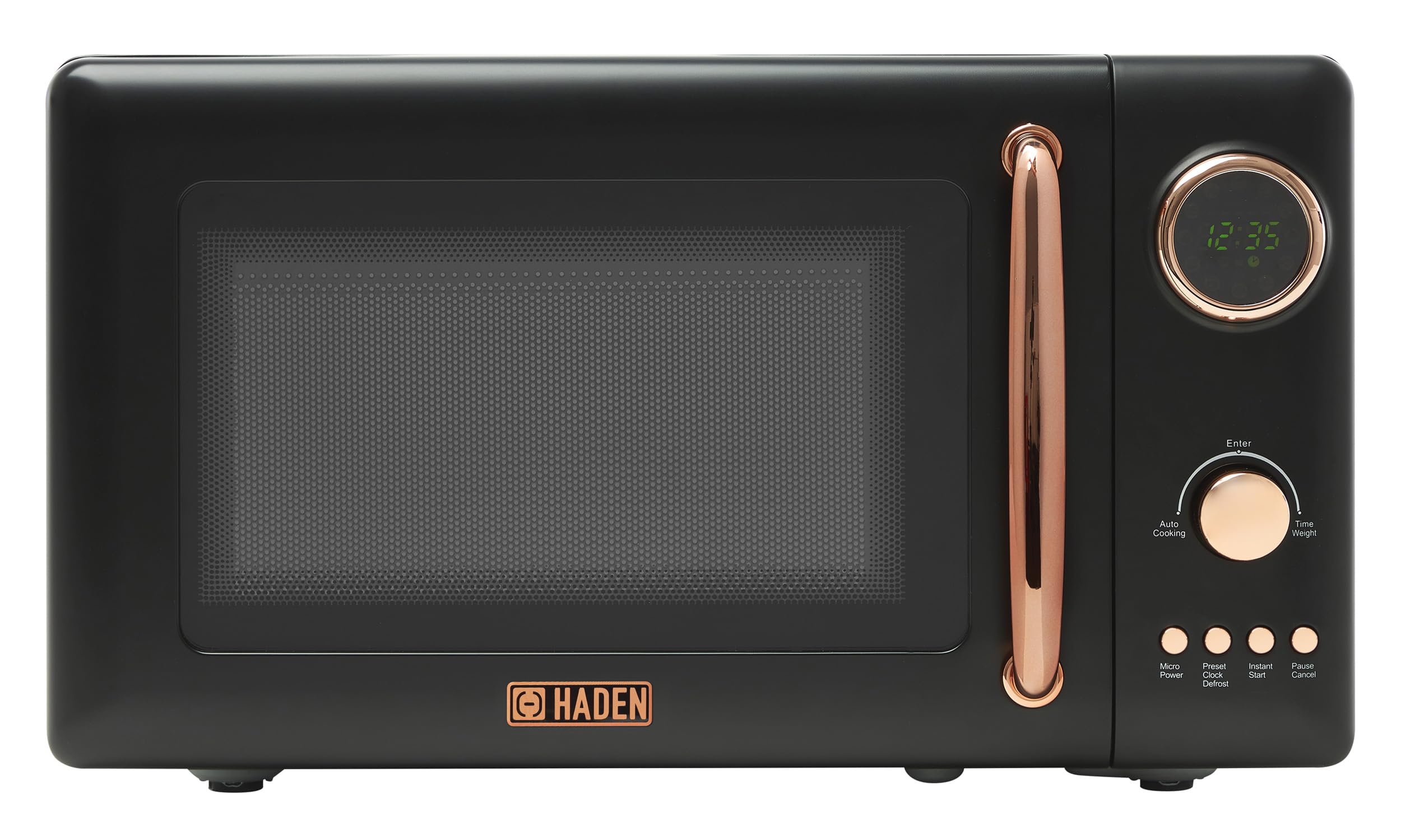 Haden 700W 0.7 Cu Ft Compact Microwave Oven - Digital Controls, Quick Defrost & Instant Start, Black/Copper Finish | Perfect for Dorms, Offices & Small Kitchens