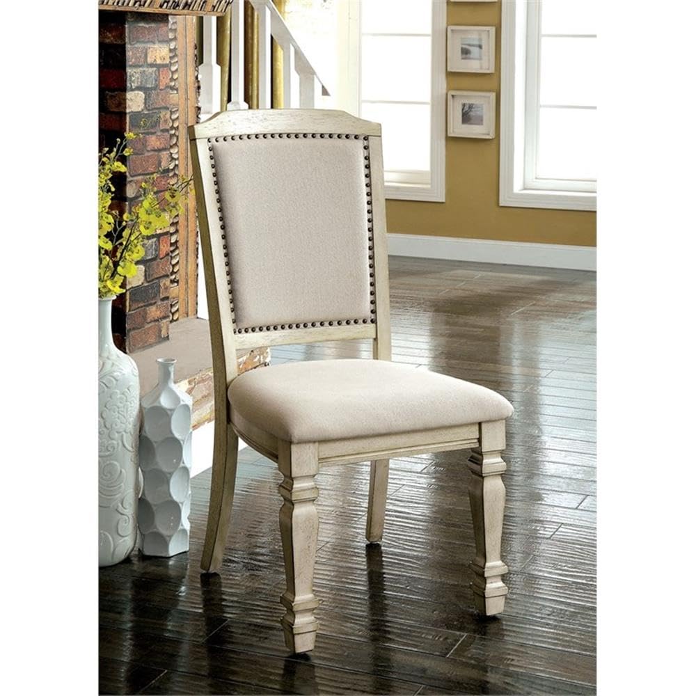 BOWERY HILL Transitional Fabric Padded Dining Side Chairs - Set of 2 Antique White Upholstered Chairs for Kitchen, Dining Room or Office - Comfortable & Stylish Seating Solution